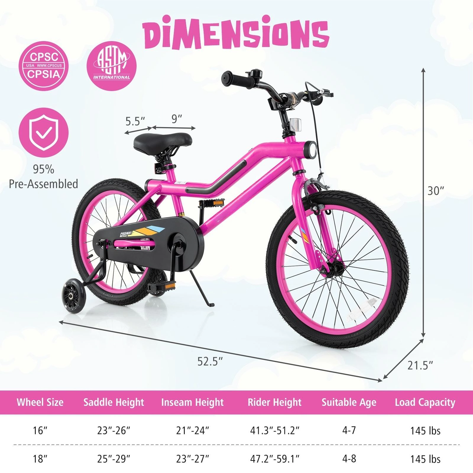 SUGIFT LED Lighted Kids Bicycle with Training Wheels & Headlight 145-lb Capacity Ages 4-8 Pink 18-in Wheels 52.5-in Long