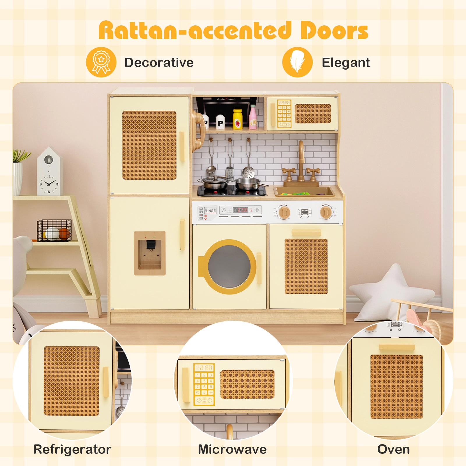 SUGIFT Wooden Kitchen Playset with Realistic Lights and Sounds for Ages 3+ Yellow