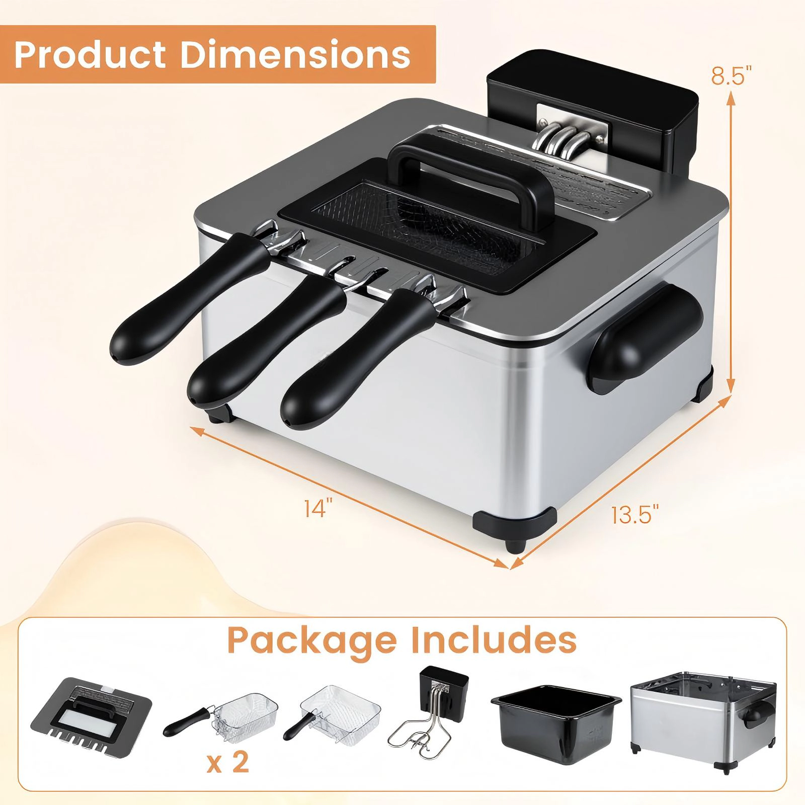 SUGIFT Silver Electric Deep Fryer with 3 Baskets LED Touch Screen and 6 Presets 5.3-Qt 1700W 13.5-in W 14-in D