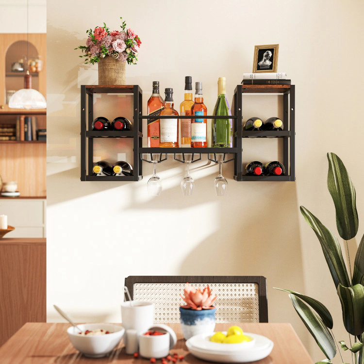 Hivvago Heavy-Duty Wall Mounted Wine Rack With Glass Holder Metal Frame 8-Bottle Holder