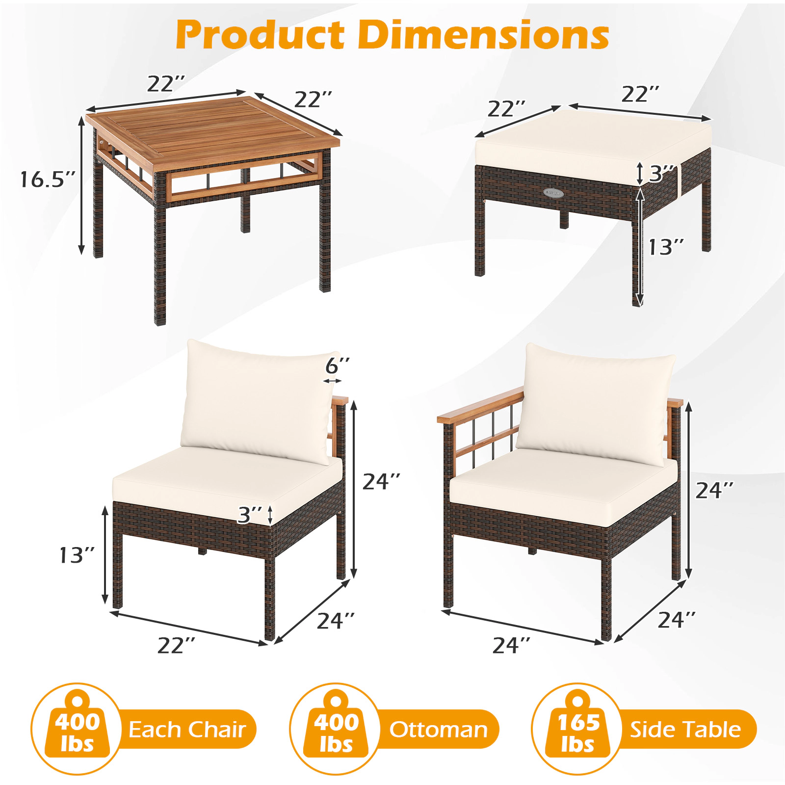SUGIFT 7-Piece White Modular Rattan Patio Set with Ottomans and Acacia Table