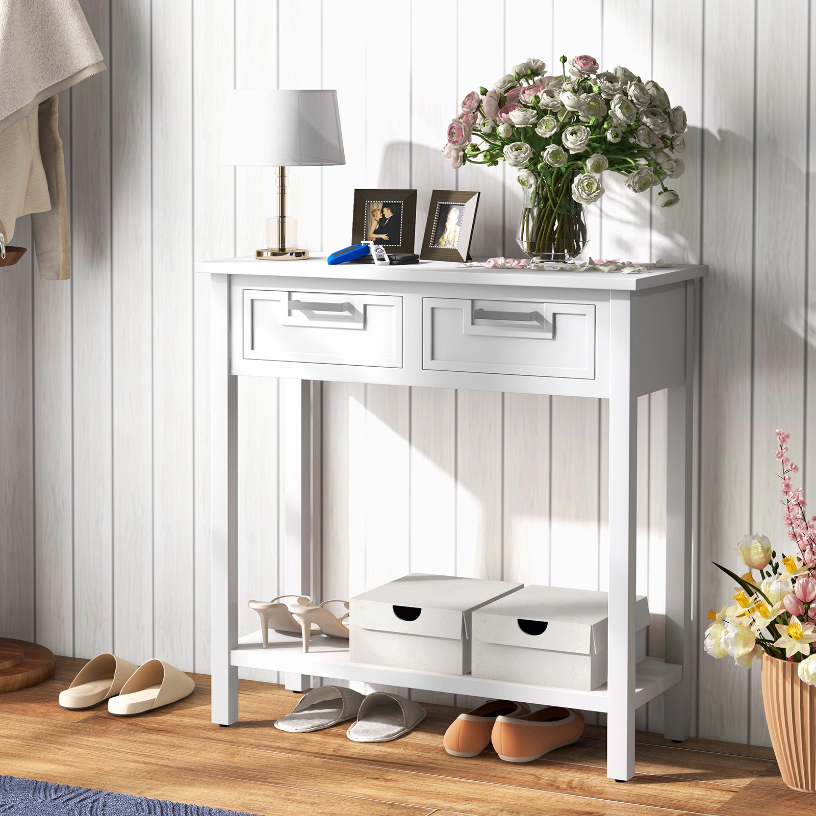 SUGIFT Narrow Console Table with Drawers and Open Storage Shelf 110-lb Tabletop Capacity White
