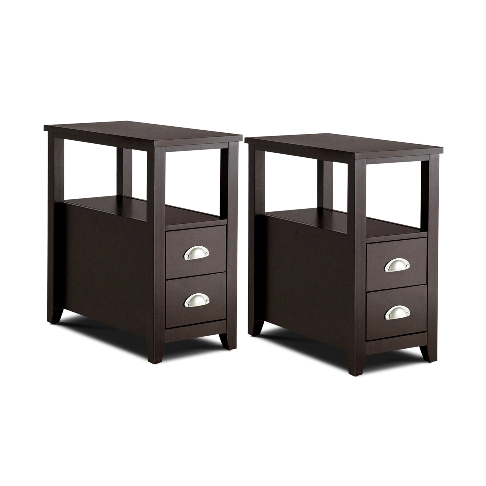 SUGIFT Set of 2 Dark Brown End Tables, 24 in Sofa Side Tables with Drawer and Open Shelf