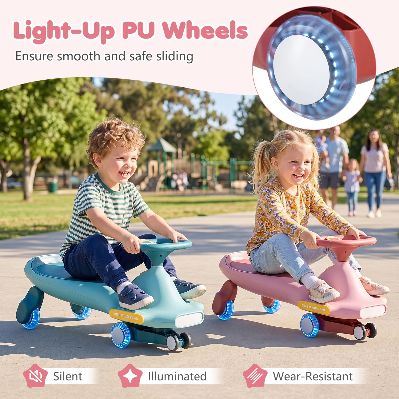 SUGIFT LED Flashing Wheel Wiggle Car Ride-On with Music 29 x 11.5 x 14.5 in Body Ages 2-8 Pink