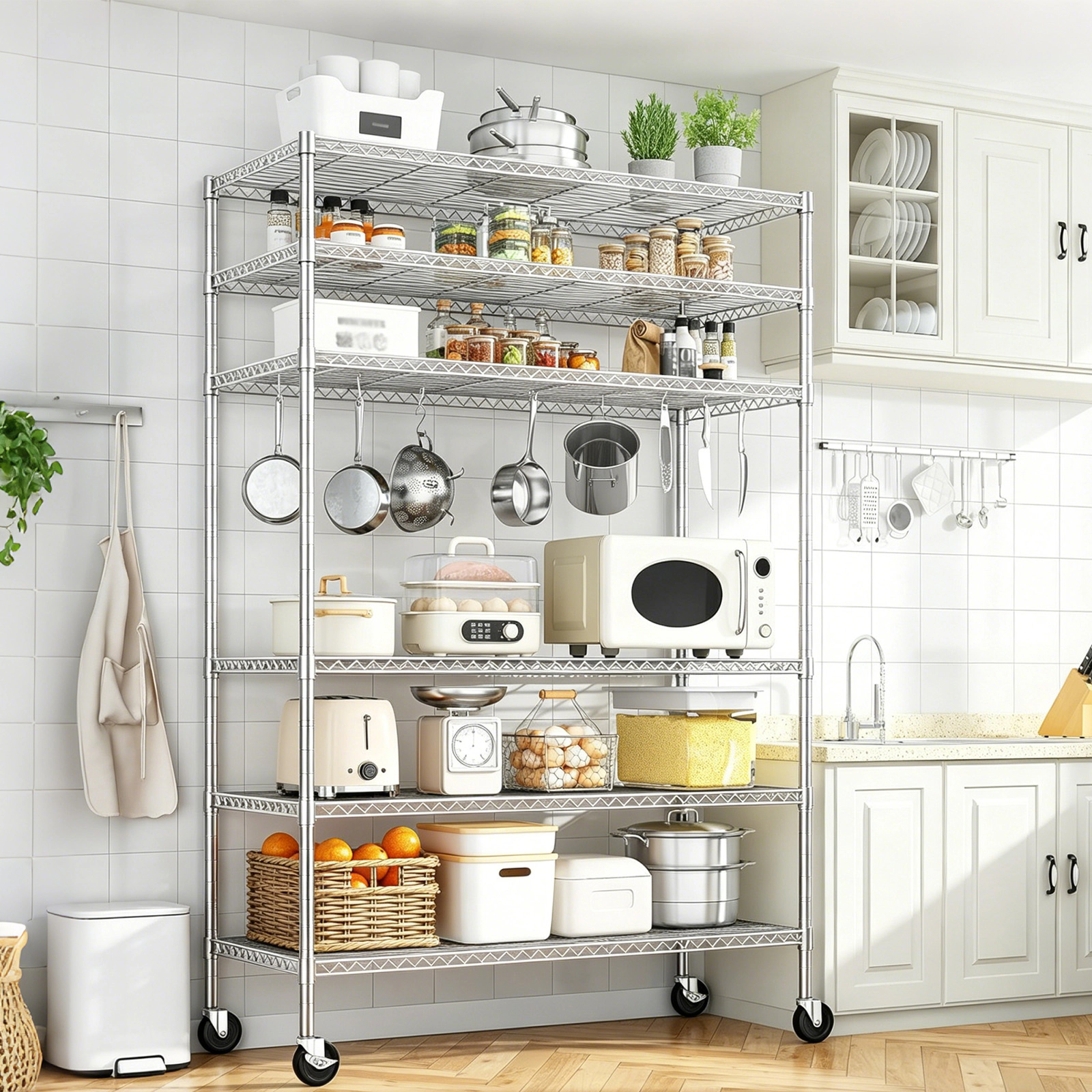 Flynama 5-Tier Chrome Mobile Shelving Unit, 47.2x17.7x76.7in, Adjustable Steel Rack with Wheels for Home and Garage