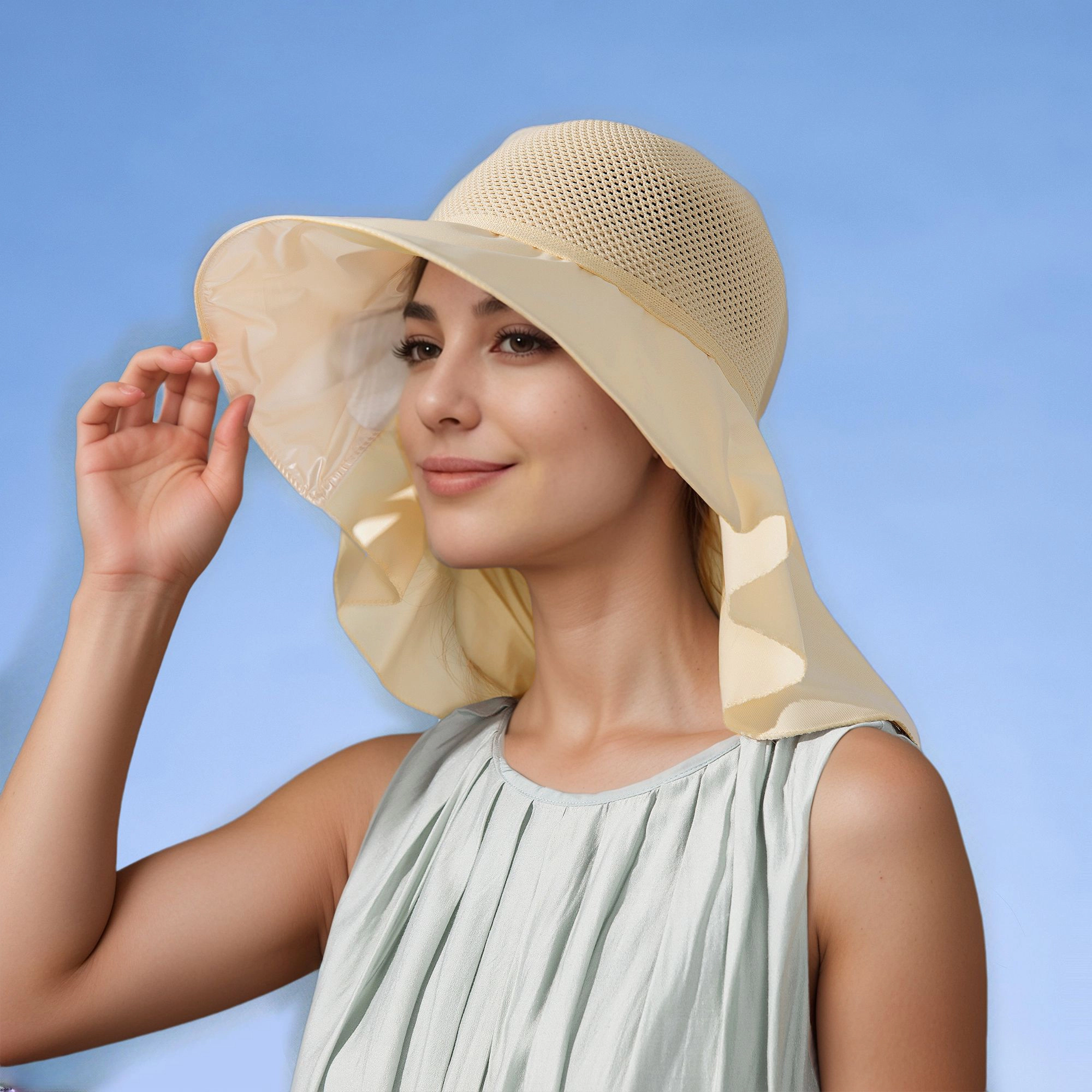 Anna-Kaci Womens Mesh Panel Wide Brim Sun Hat with Back Flap UV Protection and Tie Detail for Outdoor Activities