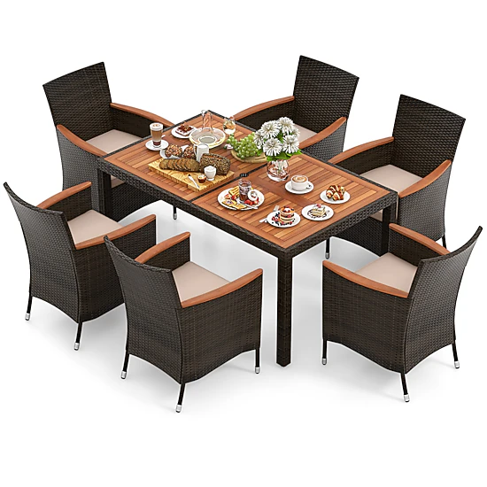 SUGIFT 7-Piece Garden Patio Rattan Dining Set with Cushions and Acacia ...
