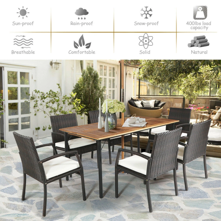 Hivvago 7 Pieces Patio Rattan Cushioned Dining Set With Umbrella Hole