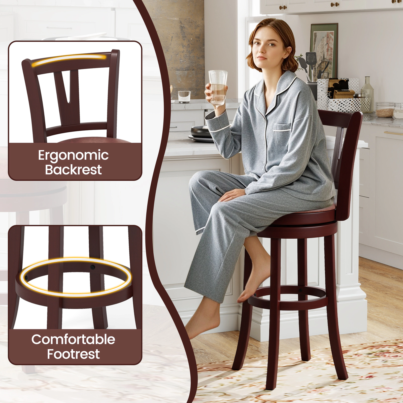 SUGIFT Set of 2 Cappuccino Faux Leather Swivel Bar Stools, 30-Inch High Back
