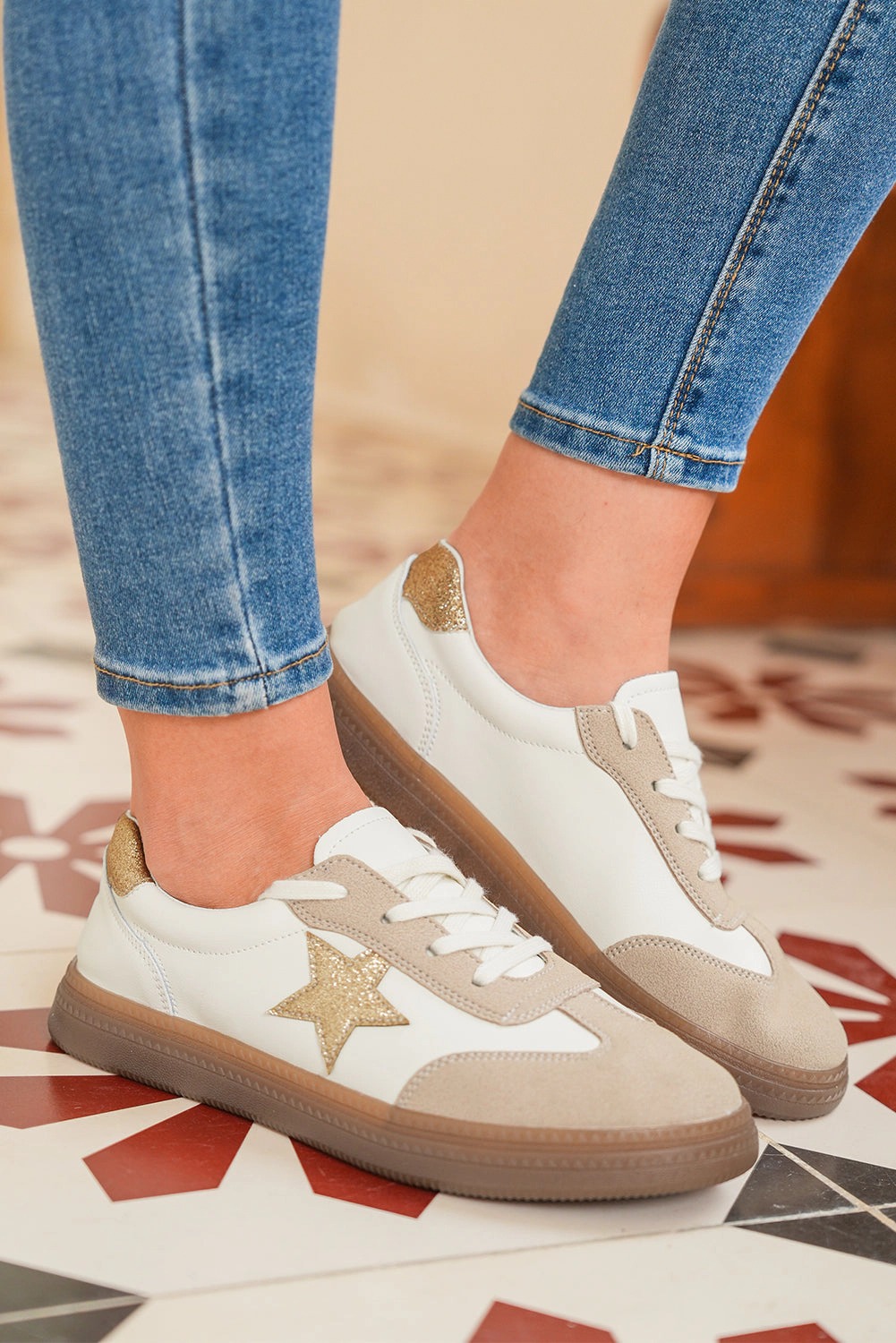 Threaded Pear Women's Avani Shimmer Star Patch Lace up Retro Flattie