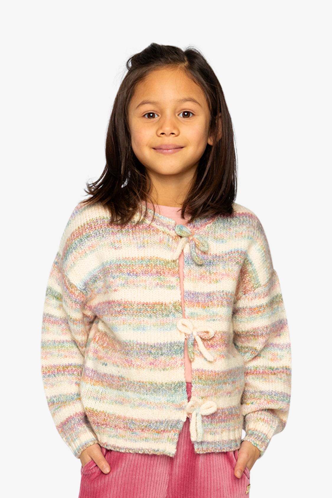 Deux par Girls Striped Bow Appliqué Knitted Cardigan