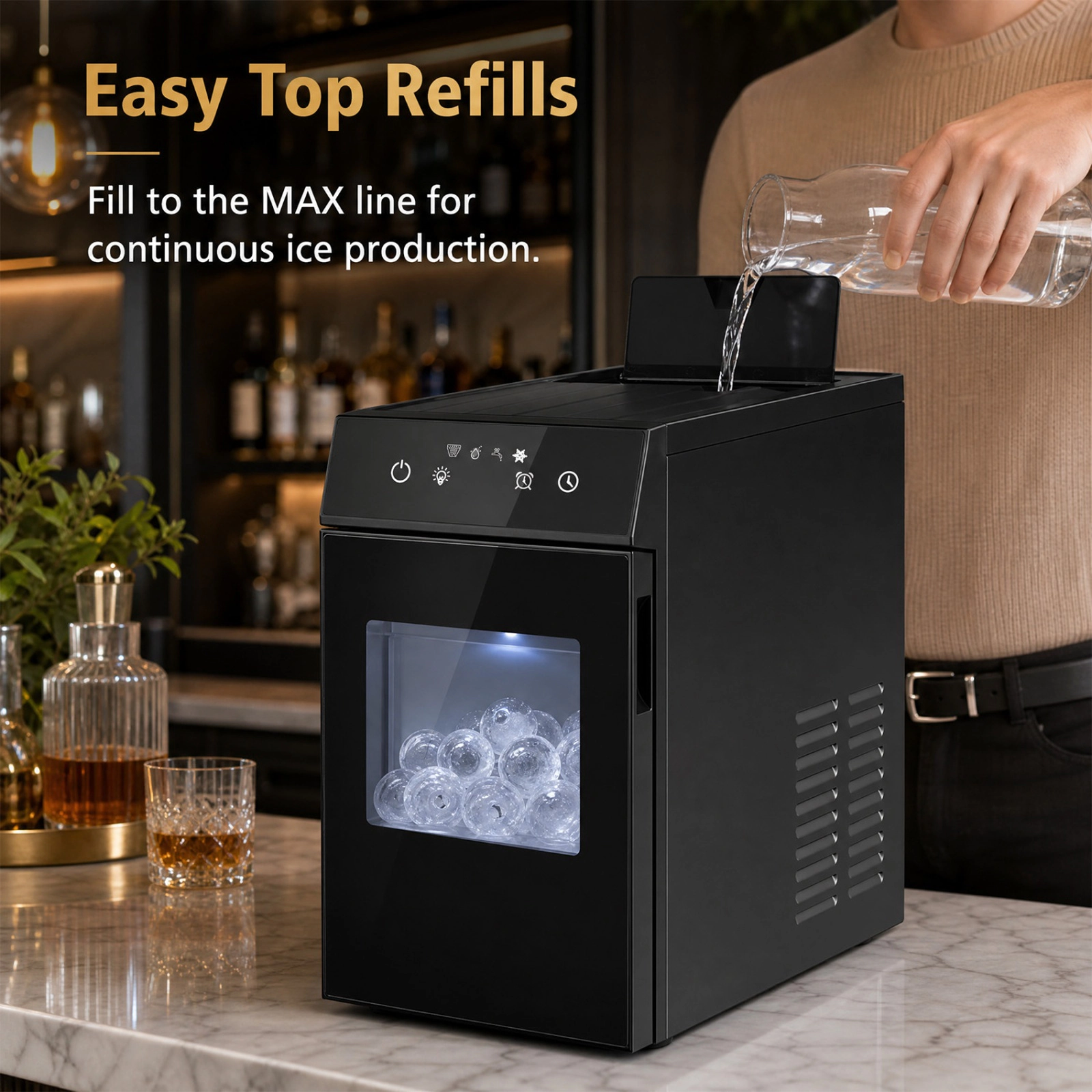 SUGIFT Black 2-in Sphere Ice Ball Maker Countertop with Self-Cleaning 8H Timer and Ice Drop Buffer