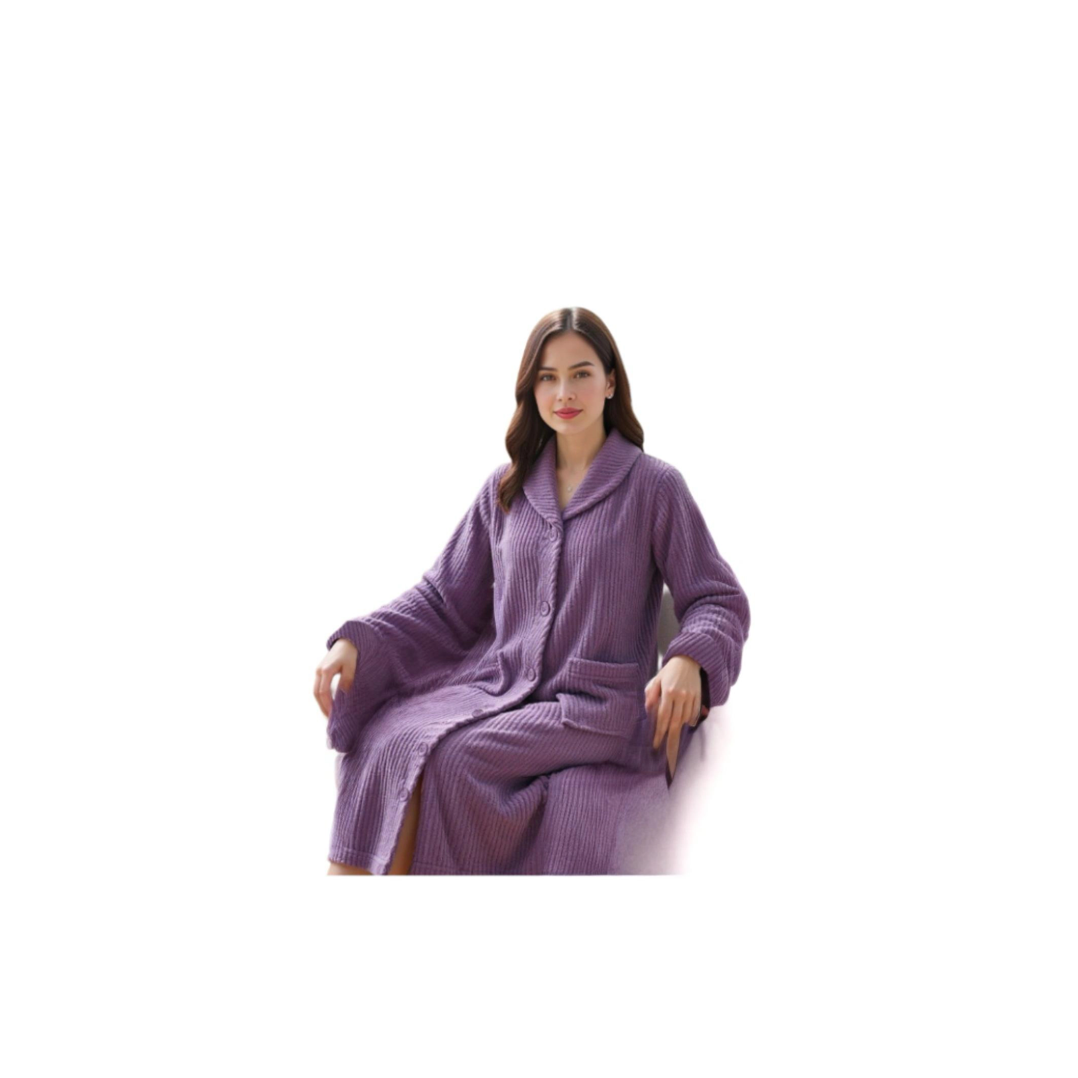 Loungees Plush Coral Fleece Robe, Mid-Length Button Front Bathrobe with Shawl Collar