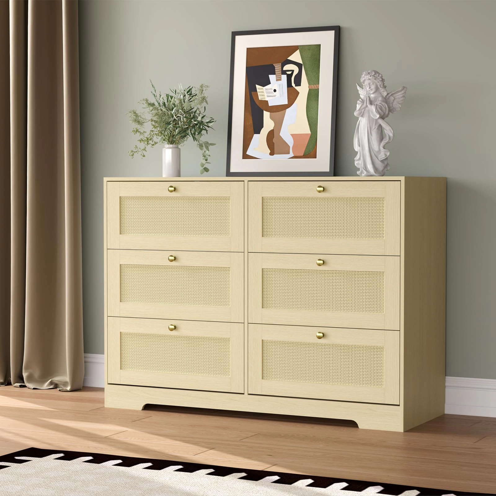 Rattan 6 Drawer Dresser, Modern Boho Wooden Storage Chest with Metal Handles for Bedroom