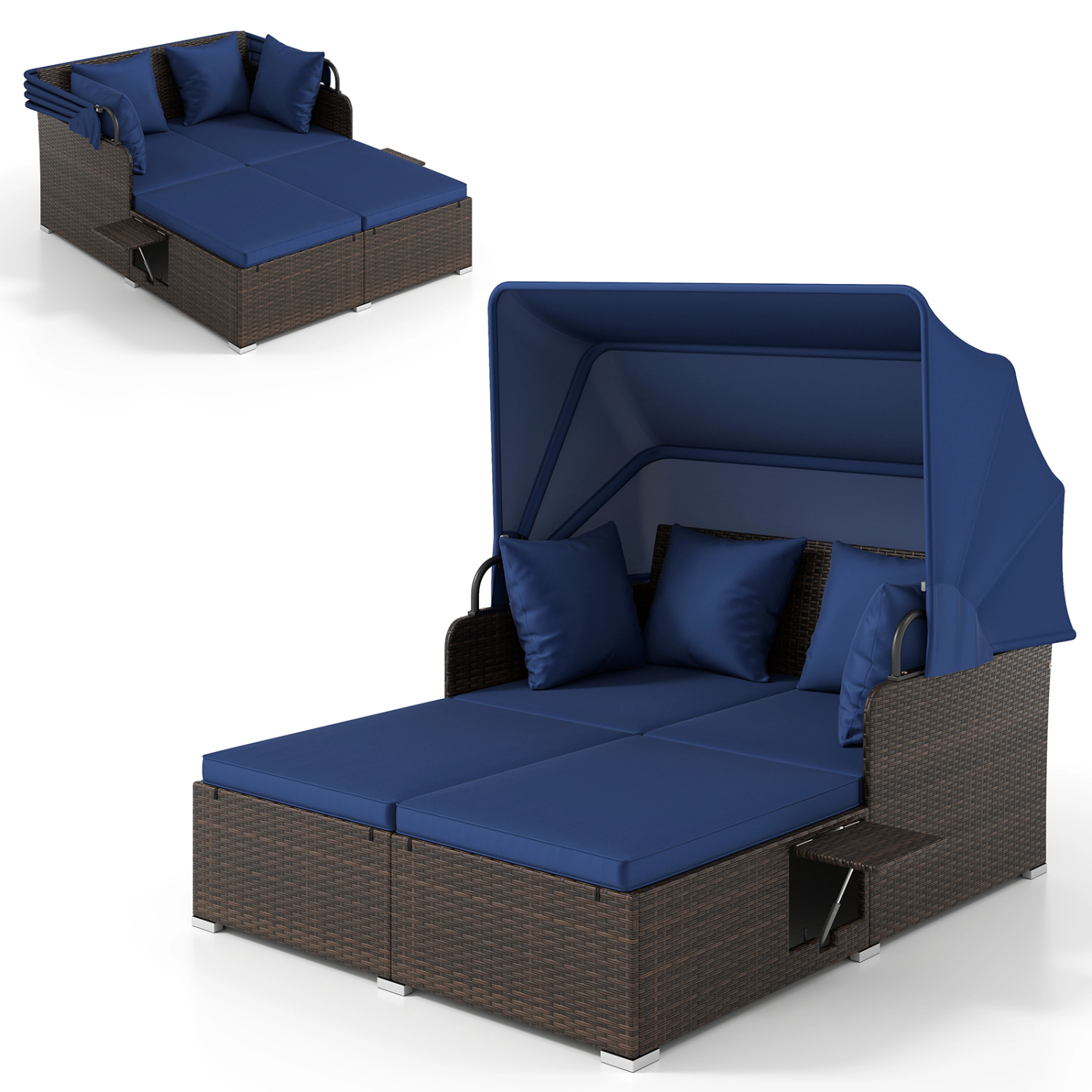 LJG Outdoor Patio Rattan Daybed with Retractable Canopy and Side Tables