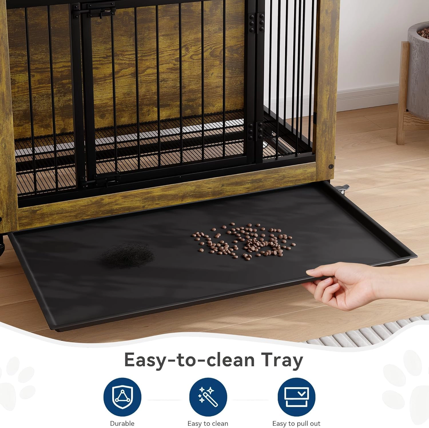 38.6" Rustic Wood Dog Crate Furniture with Pull-Out Tray, Wheels & 3 Doors, Heavy Duty Kennel Side Table