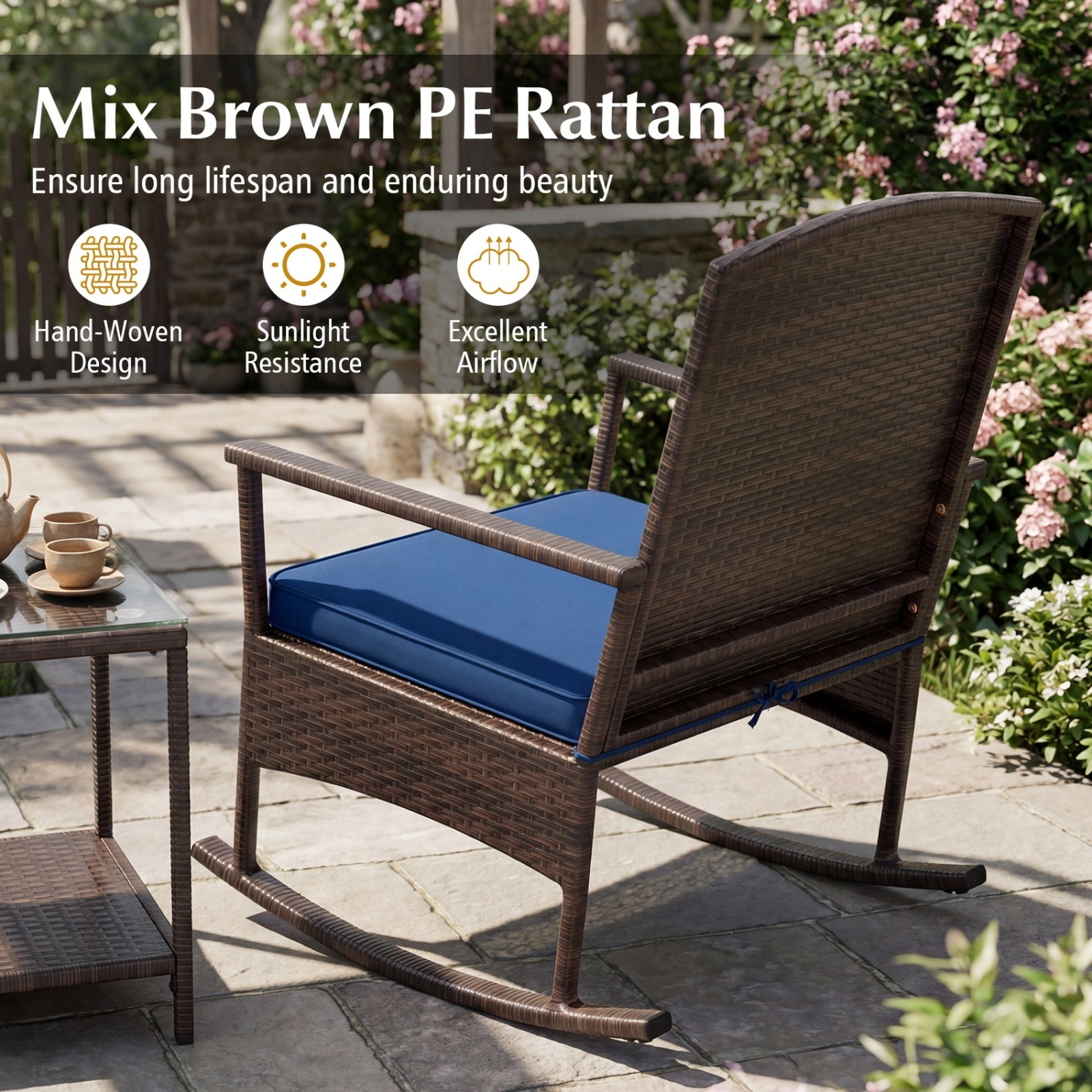 SUGIFT 3 Piece PE Rattan Patio Rocking Conversation Set 400-lb Rocking Chairs & 2-Tier Tempered Glass Coffee Table Navy
