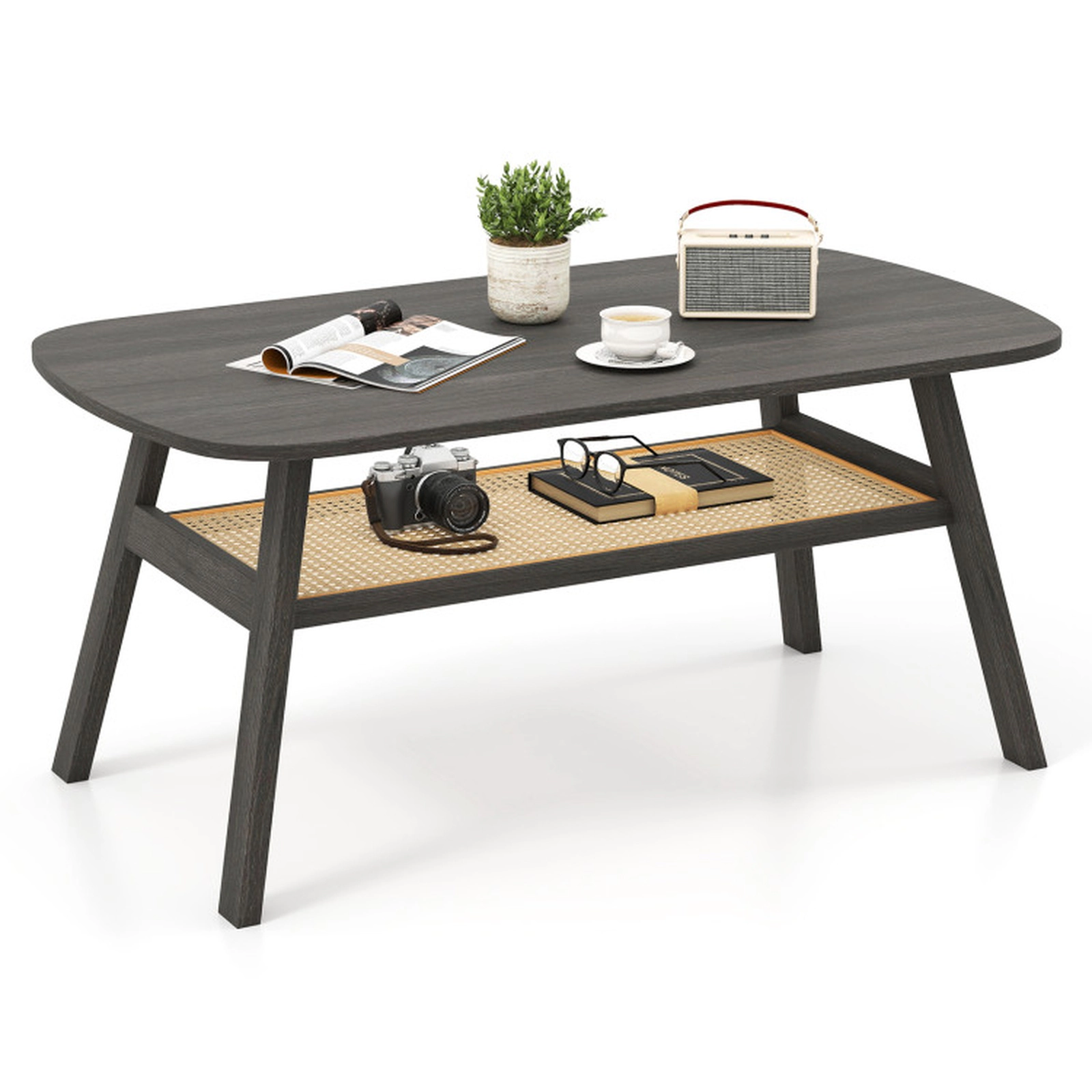 SUGIFT 2-Tier Rectangular Center Coffee Table with Rattan Storage Shelf 220-lb Tabletop Capacity Dark Gray & Natural