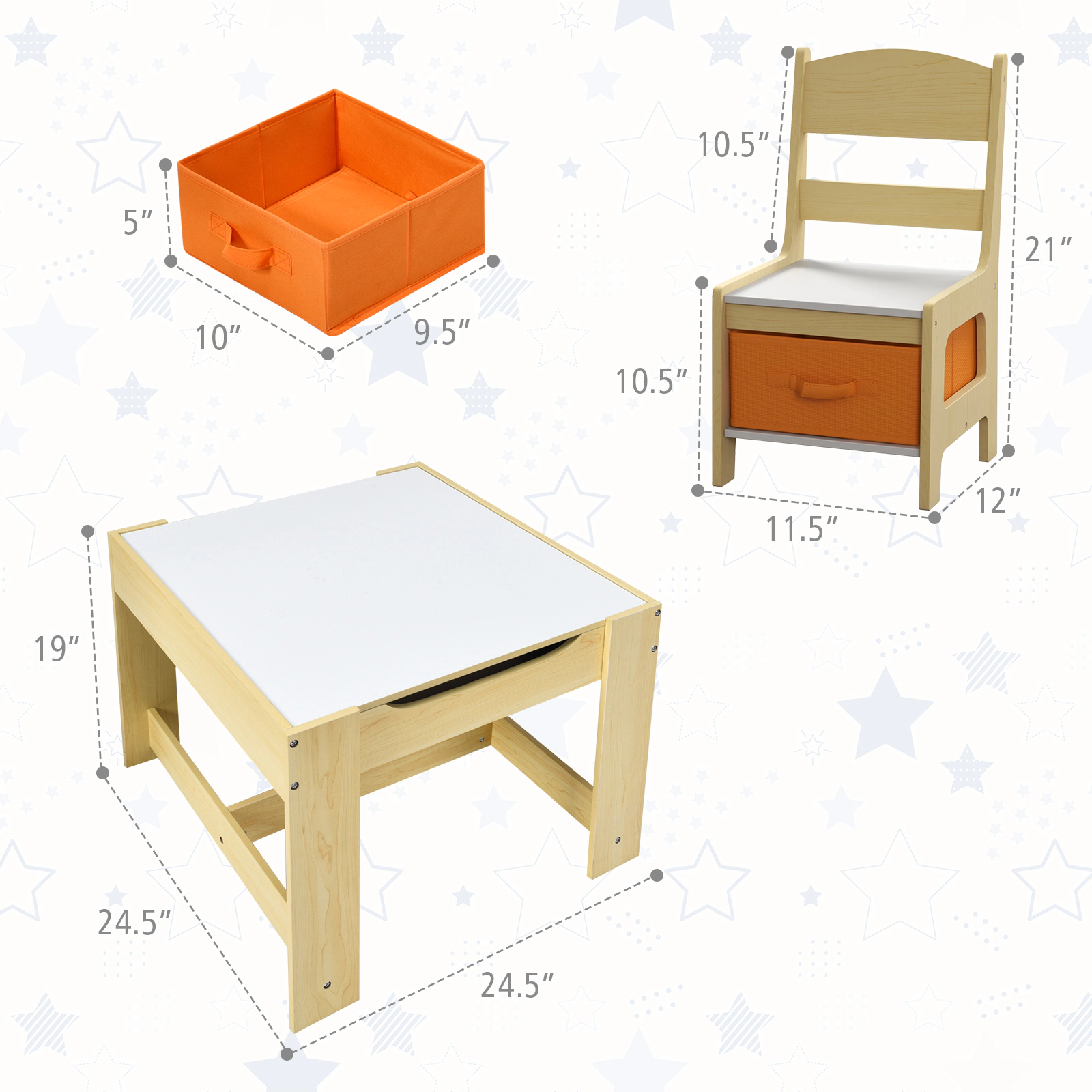 SUGIFT Kids Table and Chair Set, Reversible Blackboard and Whiteboard Top, 2 Drawers, Storage Box, Natural