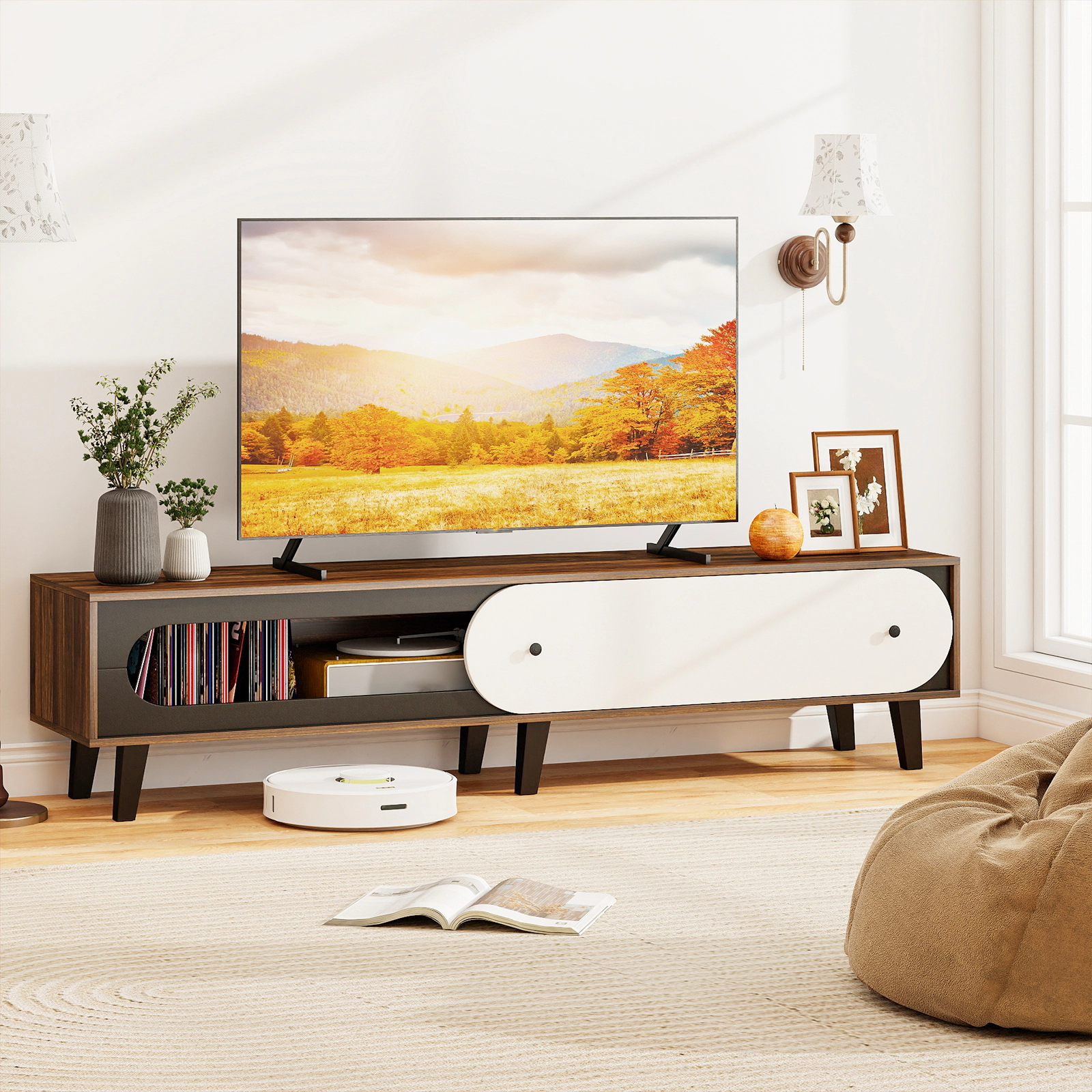 Glintex 71-Inch Mid-Century TV Stand with 41.5-Inch Sliding Door, Walnut & White