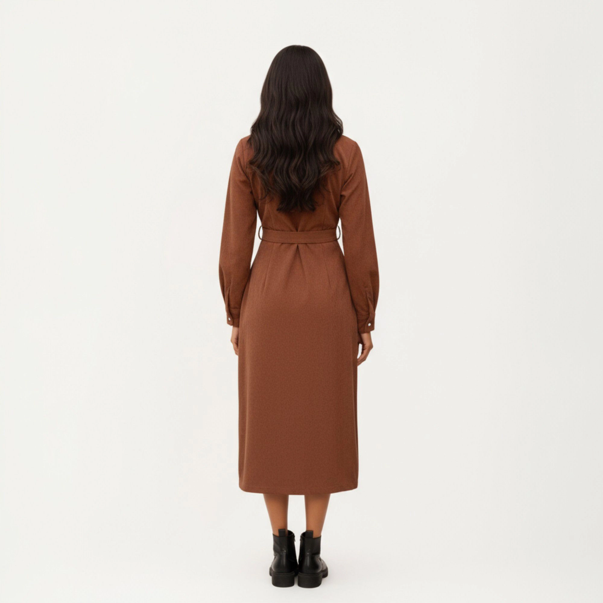 Anna-Kaci Women's Long Sleeve Button Front Belted Waist Trimmed Collar Midi Dress