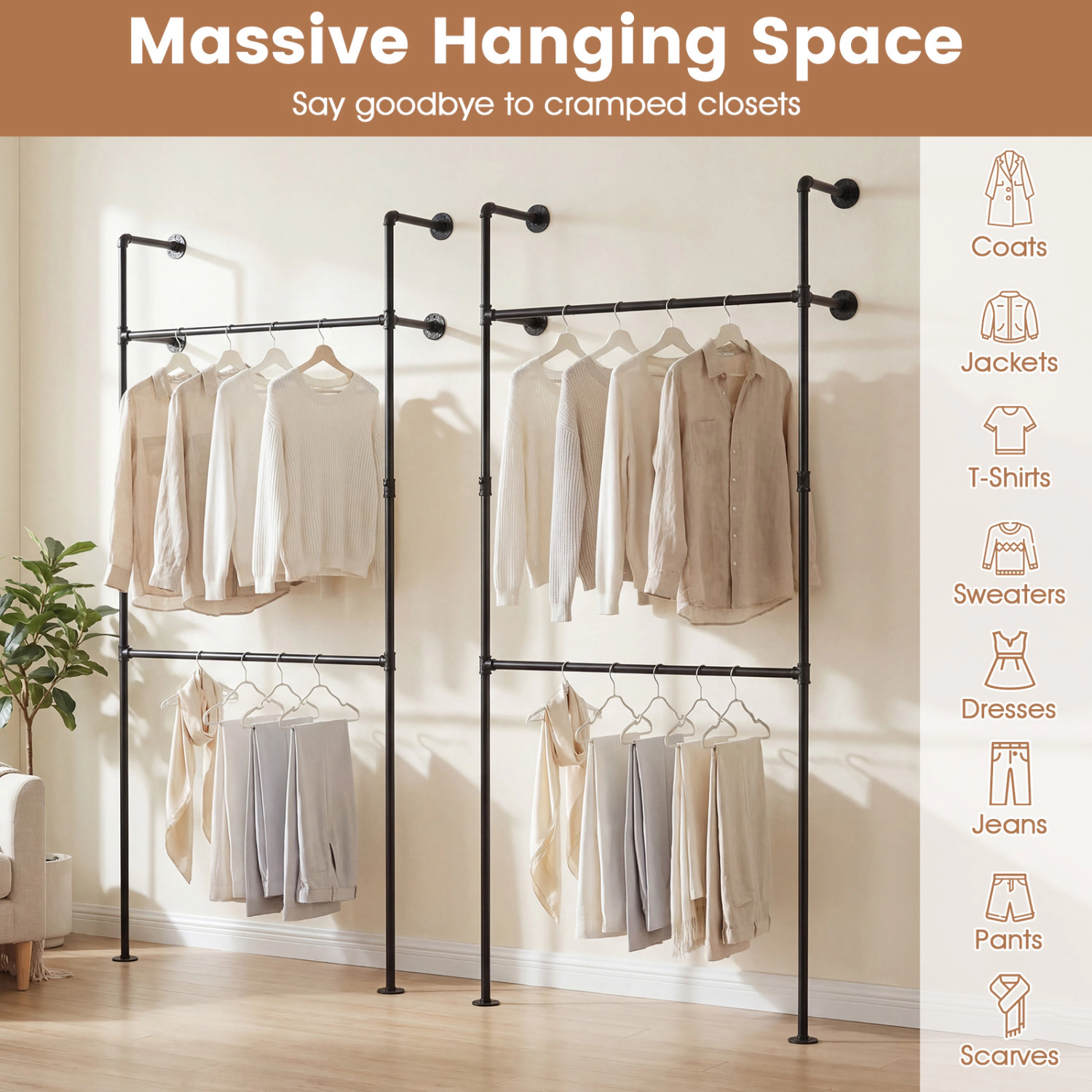 SUGIFT Double-Tier Wall Mounted Pipe Clothing Rack with 2 Hanging Rods 45-lb Rod Capacity Frame Black