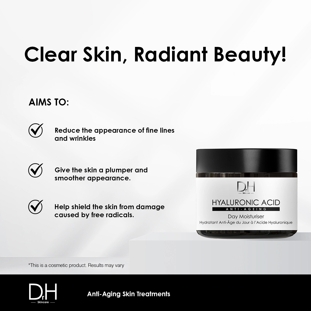 Dr H Hyaluronic Acid Anti-Ageing Day Moisturiser 60ml - Hydrates, Smooths Fine Lines & Targets Wrinkles