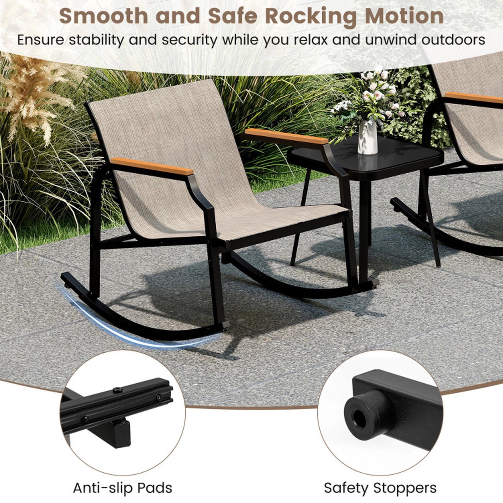 SUGIFT Patio Rocking Bistro Conversation Set with Tempered Glass Coffee Table 330-lb Rocking Chairs Black + Brown