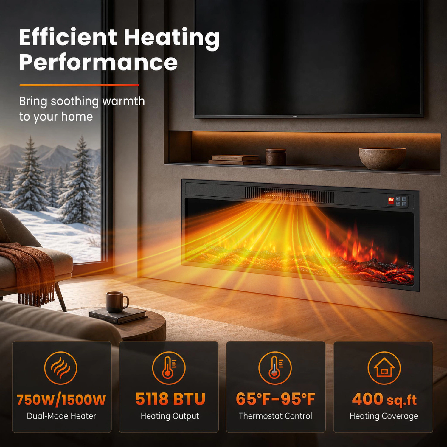LJG Recessed Electric Fireplace Heater with Adjustable Flame Colors & Brightness