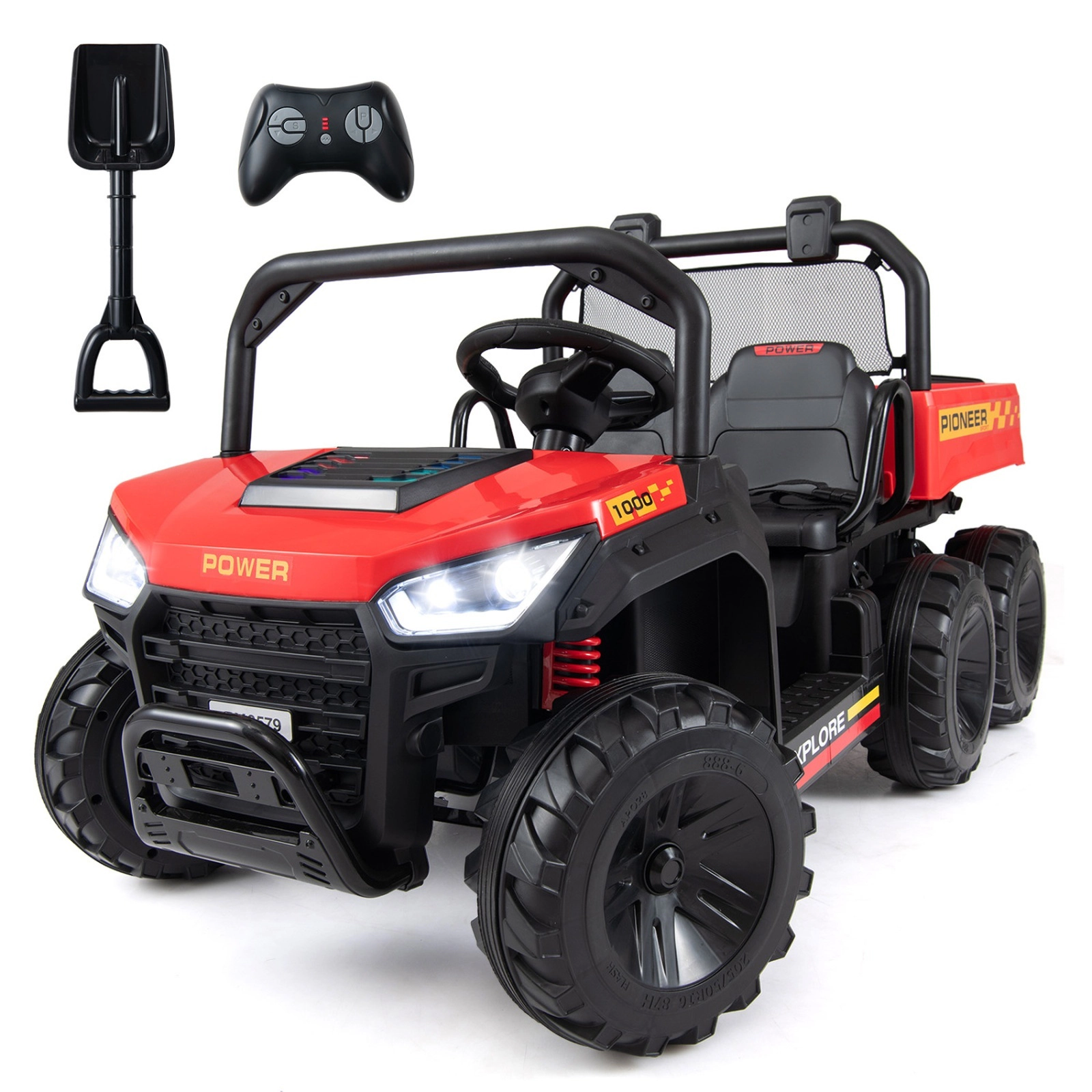 24V 2-Seater Kids Ride On Dump Truck 4WD with Electric Dump Bed Shovel and Parent Remote LED Lights Ages 3-8 Red Toy