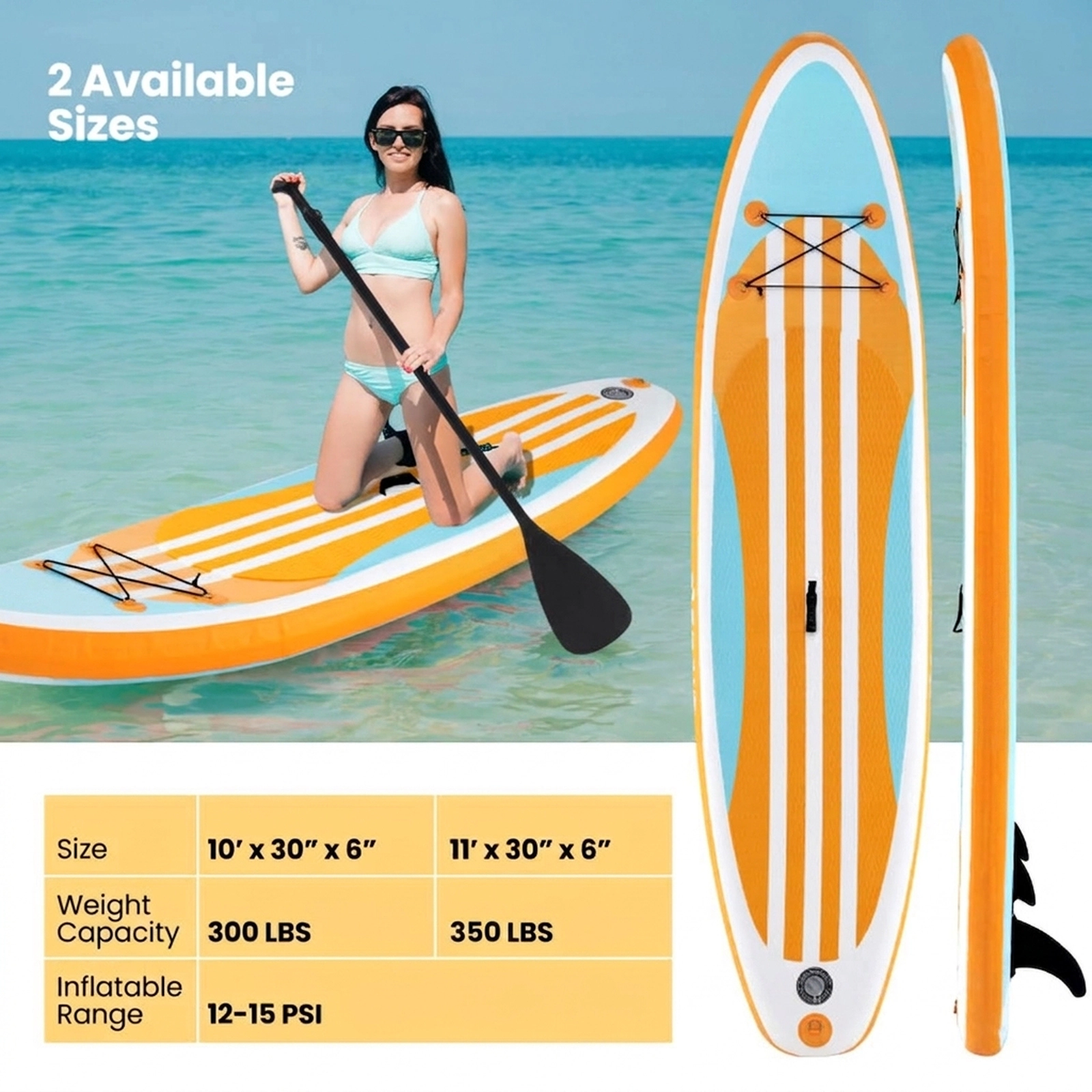 SUGIFT Inflatable Stand Up Paddle Board Water Toy with Adjustable Paddle and 3 Fins 350-lb Capacity 1-Person Blue+Yellow