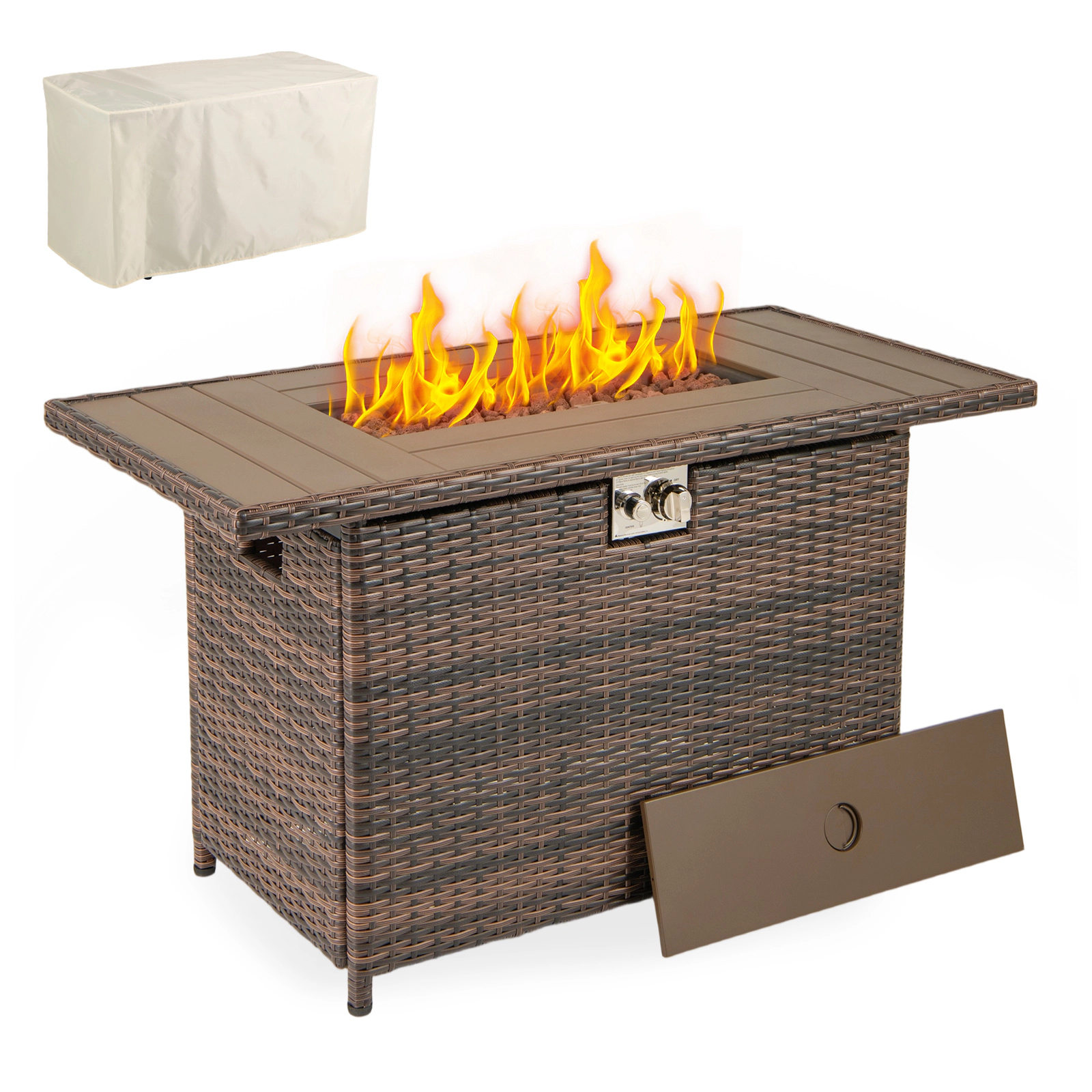 SUGIFT 44.5-Inch Rattan Propane Fire Pit Table with Stainless Steel Burner Brown