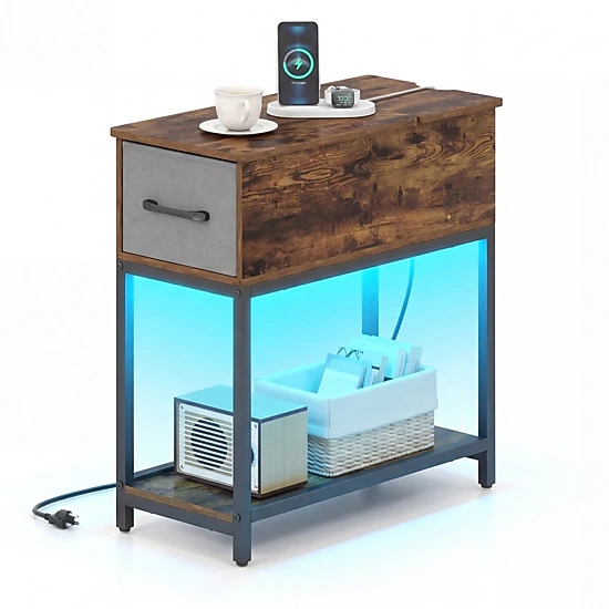 Glintex Narrow LED Side Table with Charging Station Reversible Top and Fabric Drawer, Rustic Brown
