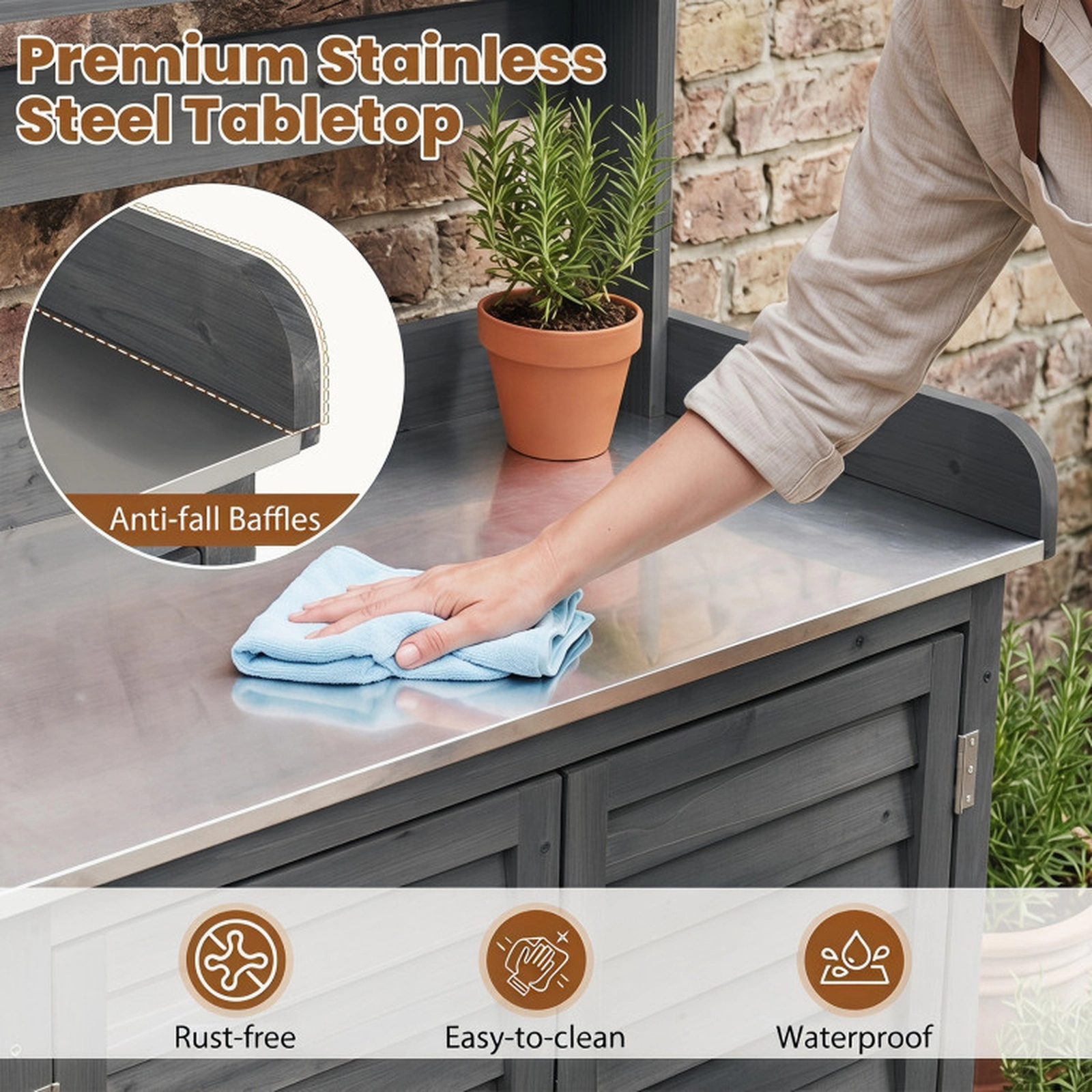 SUGIFT Gray Wood Potting Bench with Stainless Top and Cabinet 34-in W 18-in D 47-in H 110-lb Tabletop Capacity