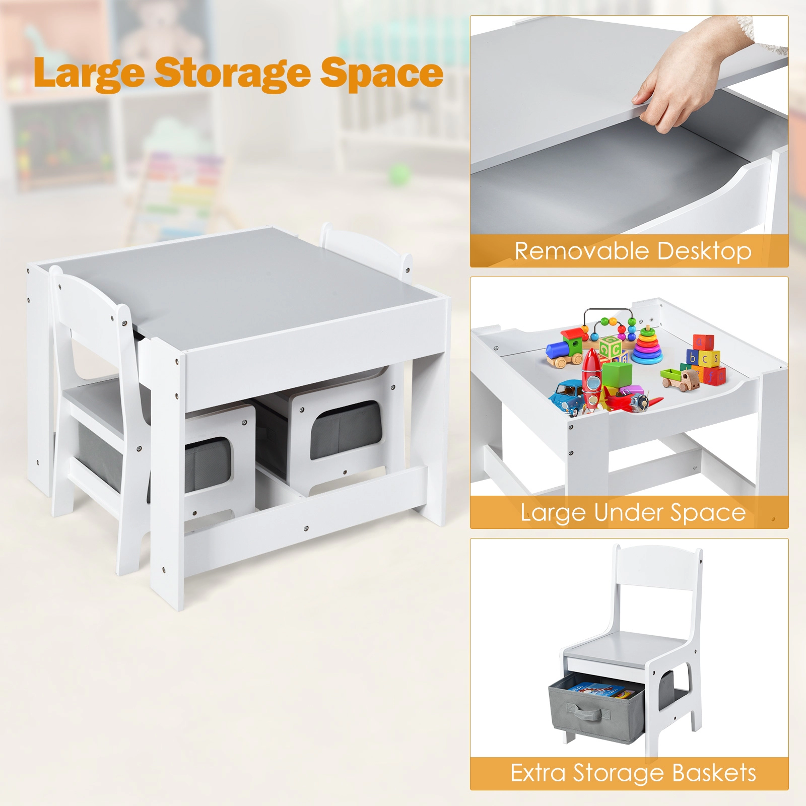 SUGIFT White Storage Boxes and Reversible Chalkboard Whiteboard Top 3-Piece Kids Table and Chair Set