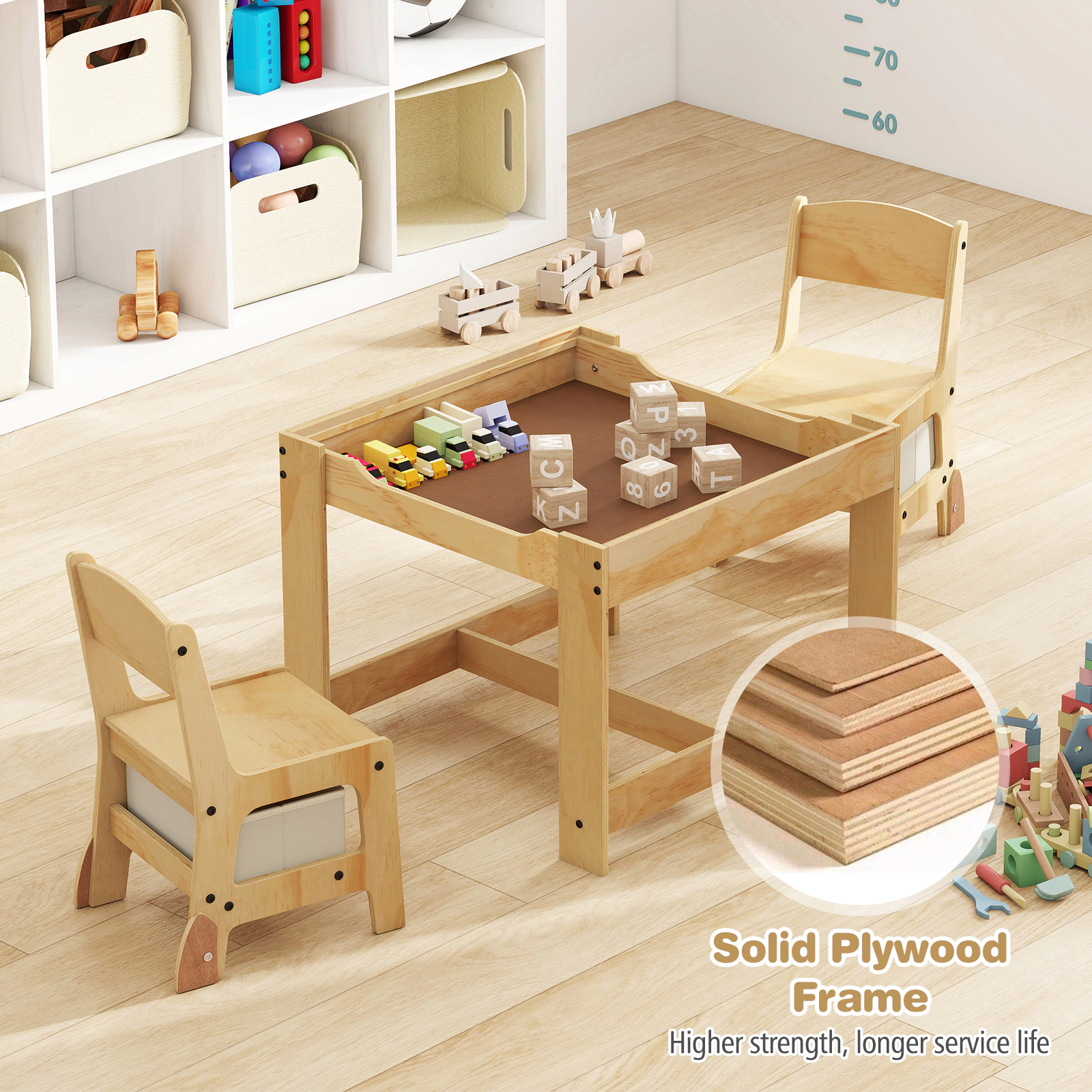 SUGIFT 3-in-1 Kids Table & Chair Set Removable Double-Sided Top 100-lb Table Capacity Ages 3+ Natural & Gray/Natural