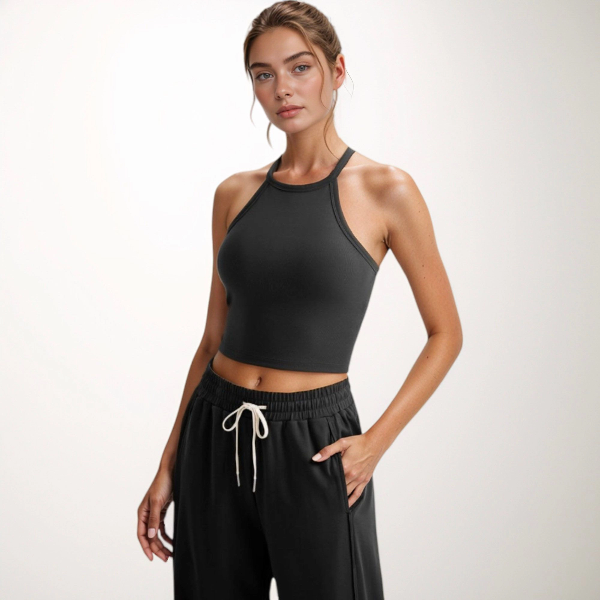 Anna-Kaci Women's High Neck Cropped Tank Top with Racer Style Straps and Seamless Fit for Active Casual Wear