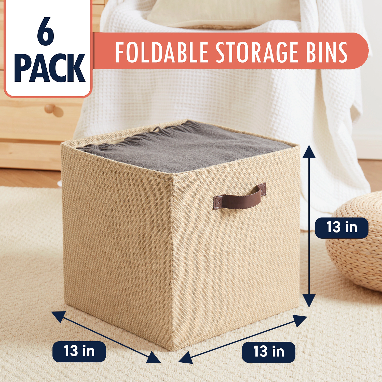 Ornavo Home 6 Pack Jute Storage Cube Bin Shelf Basket with Handles