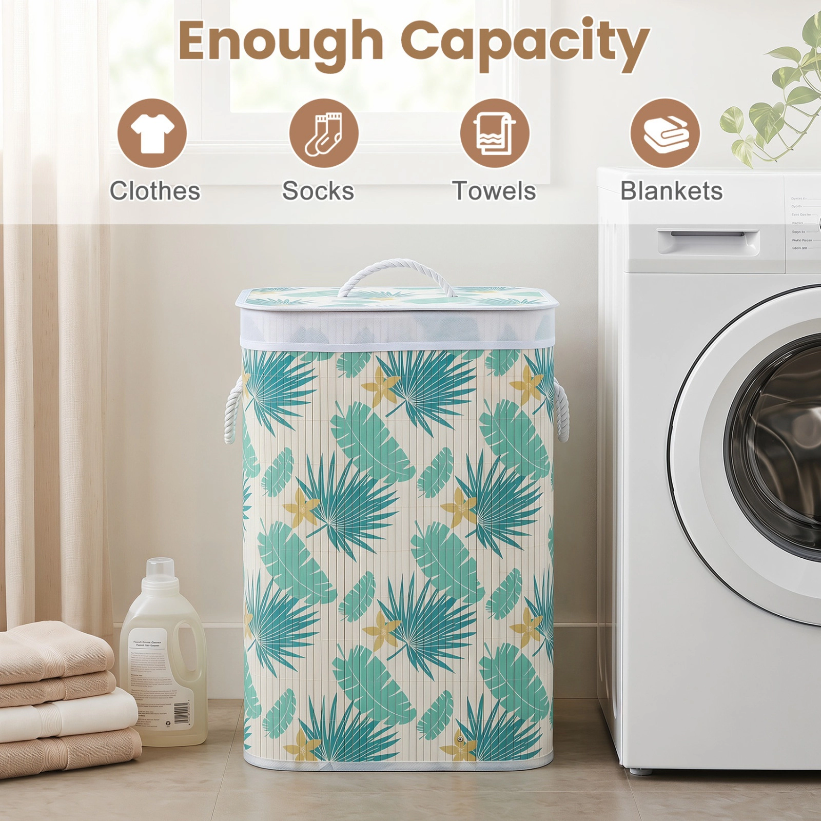 SUGIFT Bamboo Clothes Hamper with Removable Liner 33-lb Capacity Green and White Natural