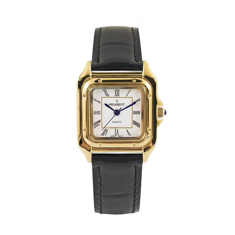 Peugeot Women's 14K Gold-Plated 32mm Tank Shape Black Leather Strap Watch