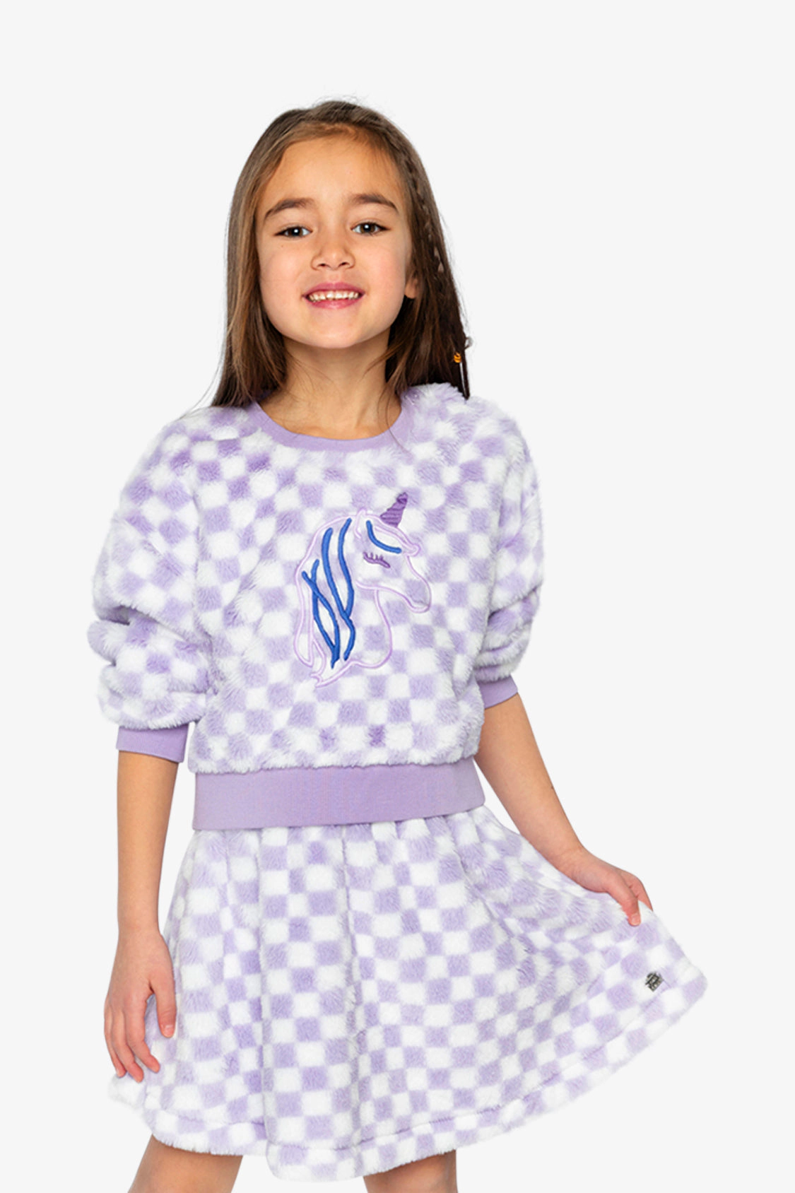 Deux par Girls Unicorn Embroidered Tile Pattern Faux Fur Top