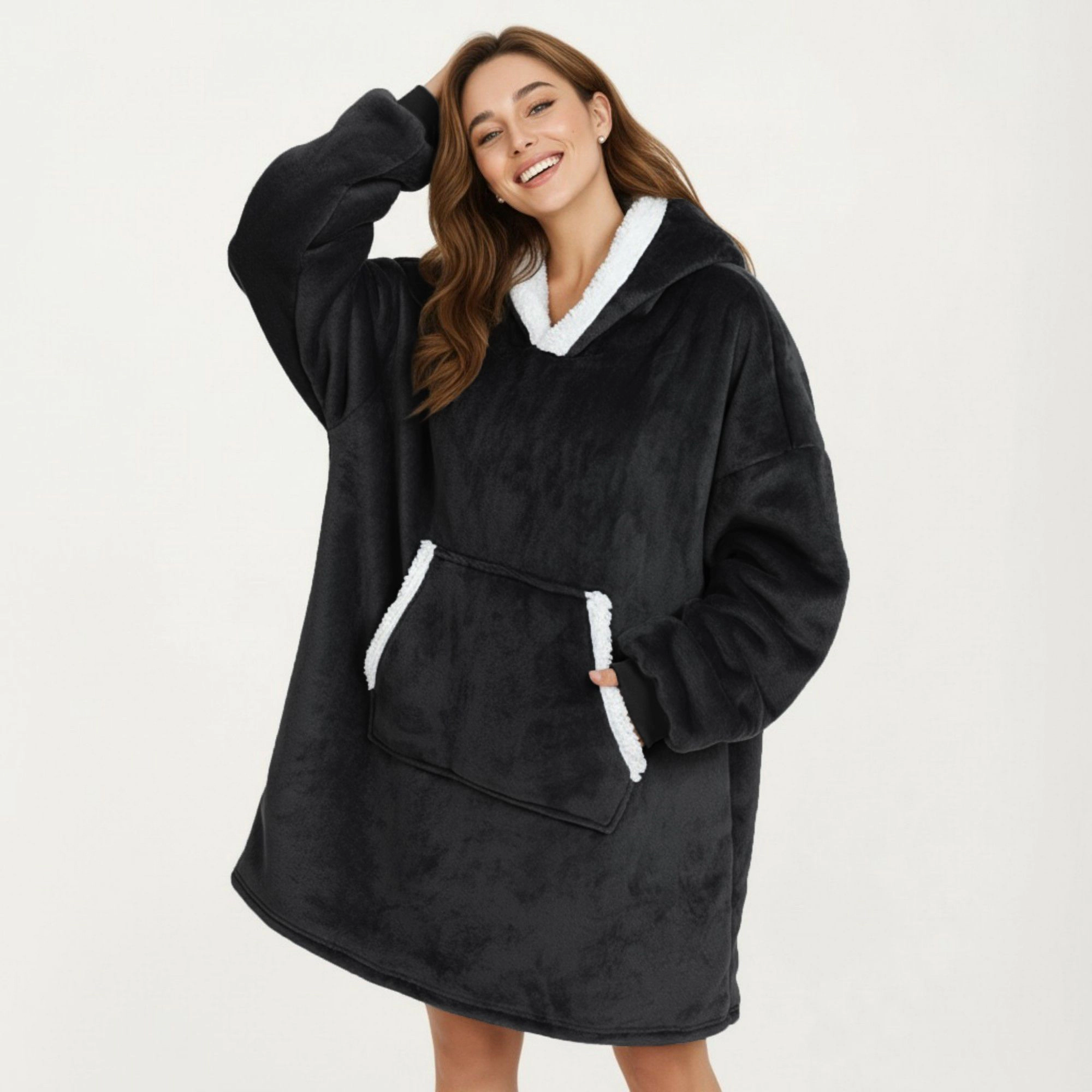 Anna-Kaci Women's Plush Hooded Lounge Dress with Faux Shearling Trim Long Sleeves and Front Kangaroo Pocket