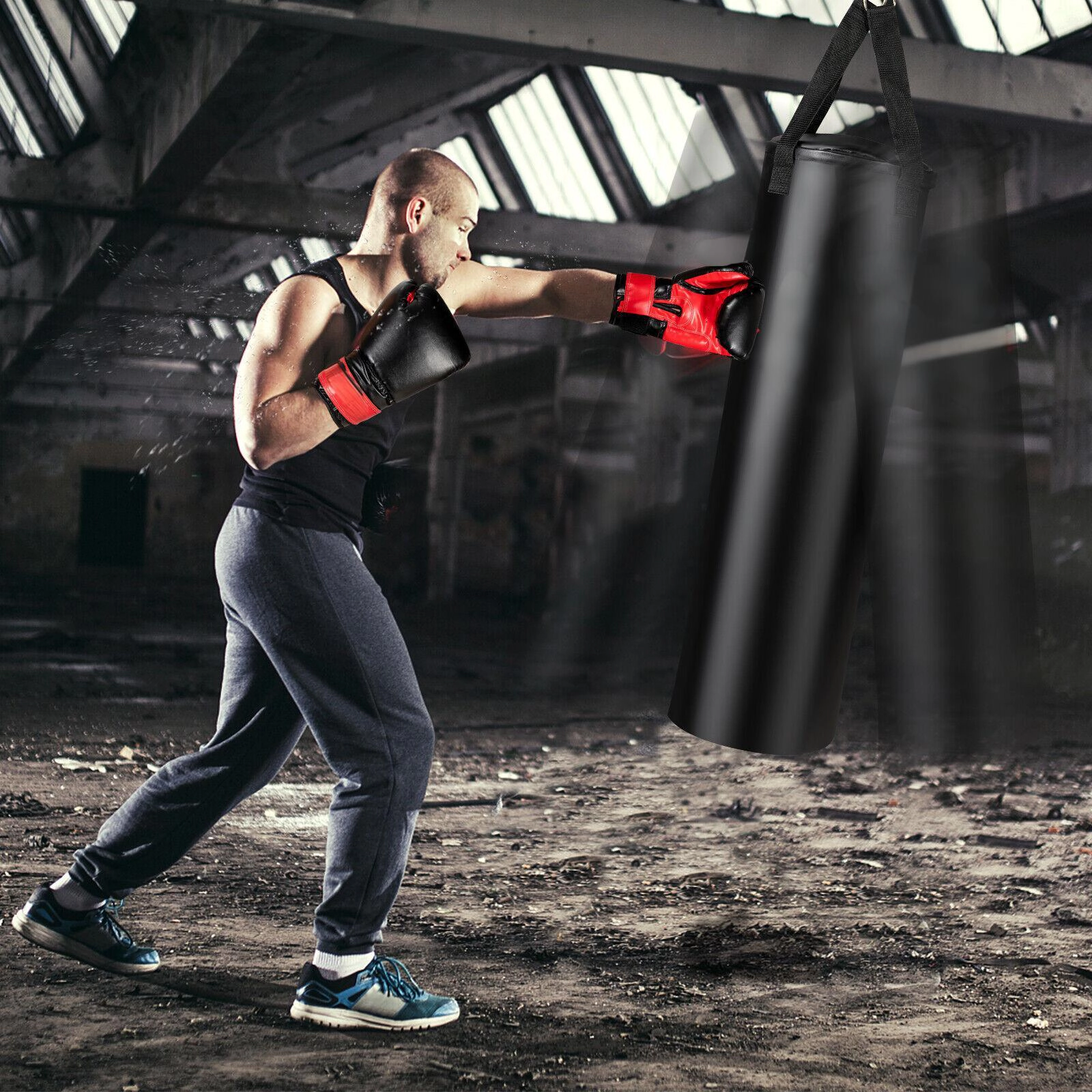 SUGIFT Black 63-lb Adult Filled Punching Bag Set with Boxing Gloves and Hand Wraps 12-in W 12-in D 39.5-in H
