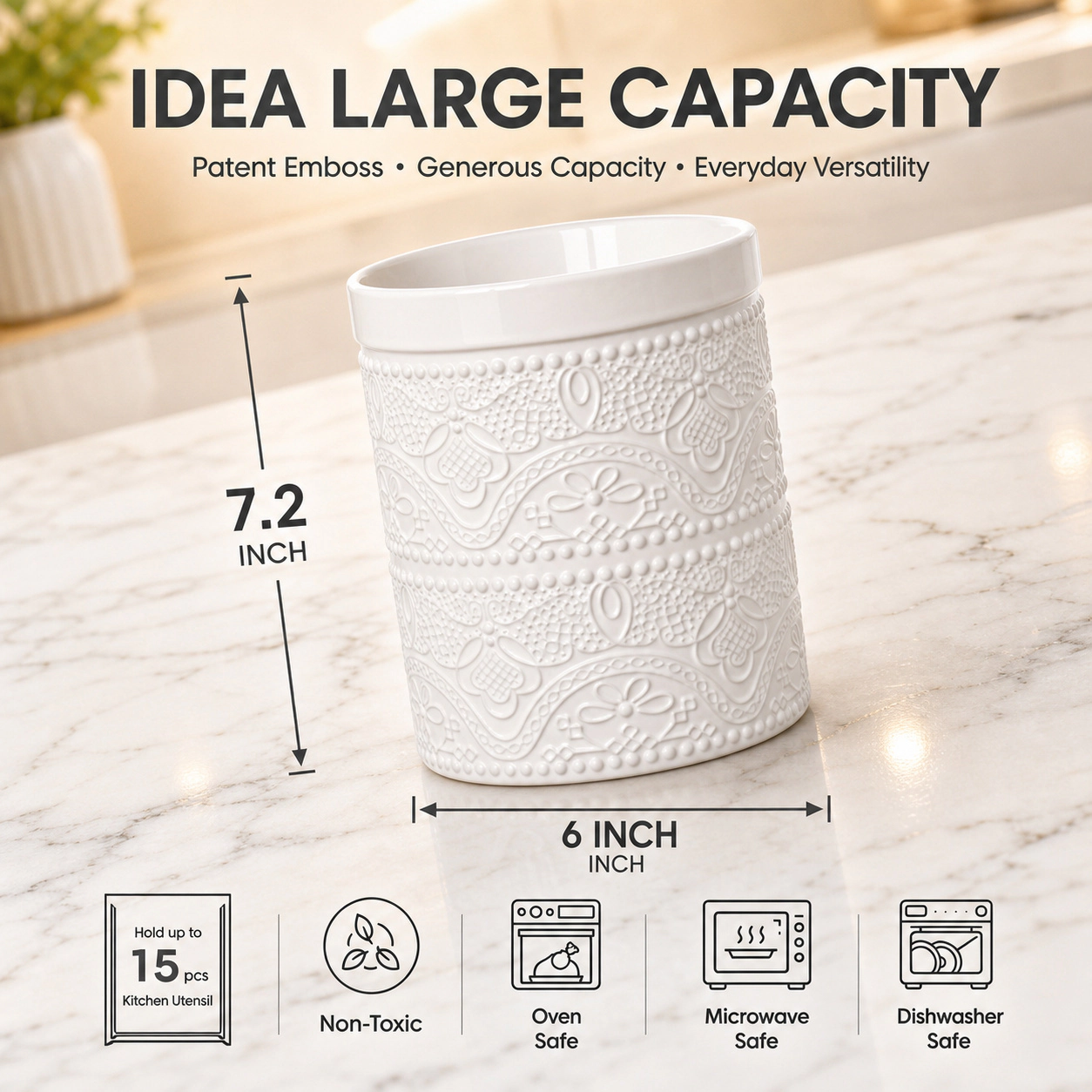 WZK Large Ceramic Lace Emboss Heavy Stable Kitchen Utensil Holder