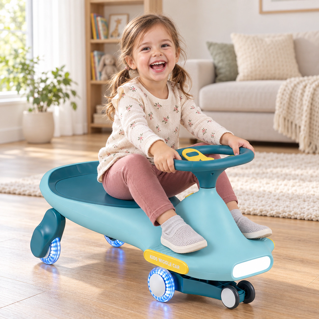 SUGIFT Blue Kids Ride-On Wiggle Car with 6 LED Flashing Wheels Music and Wide Wheelbase Ages 2-8