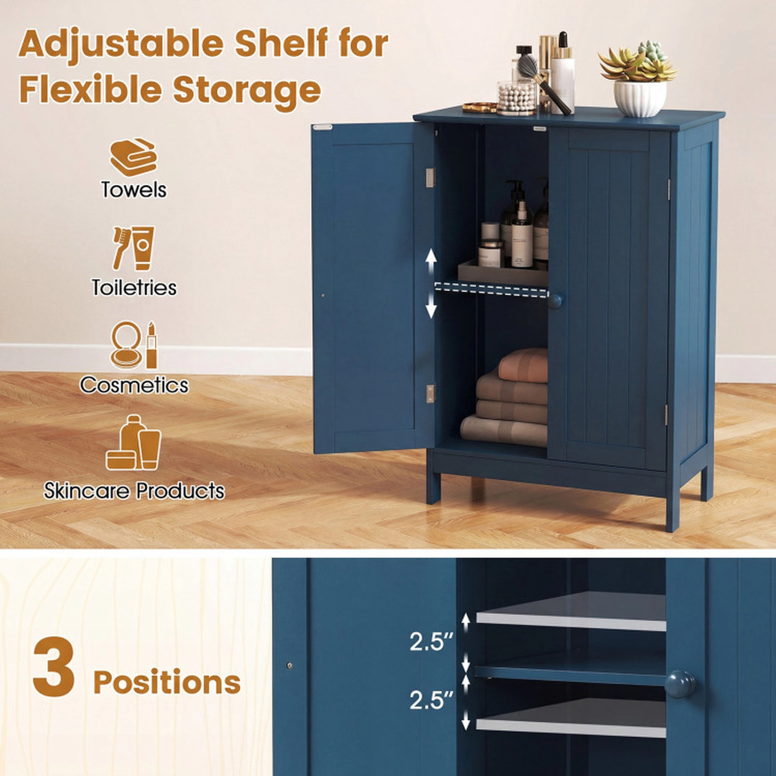 SUGIFT 2-Door Freestanding Fluted Wooden Bathroom Floor Cabinet 24-in x 14-in x 34.5-in 176-lb Top Capacity Blue