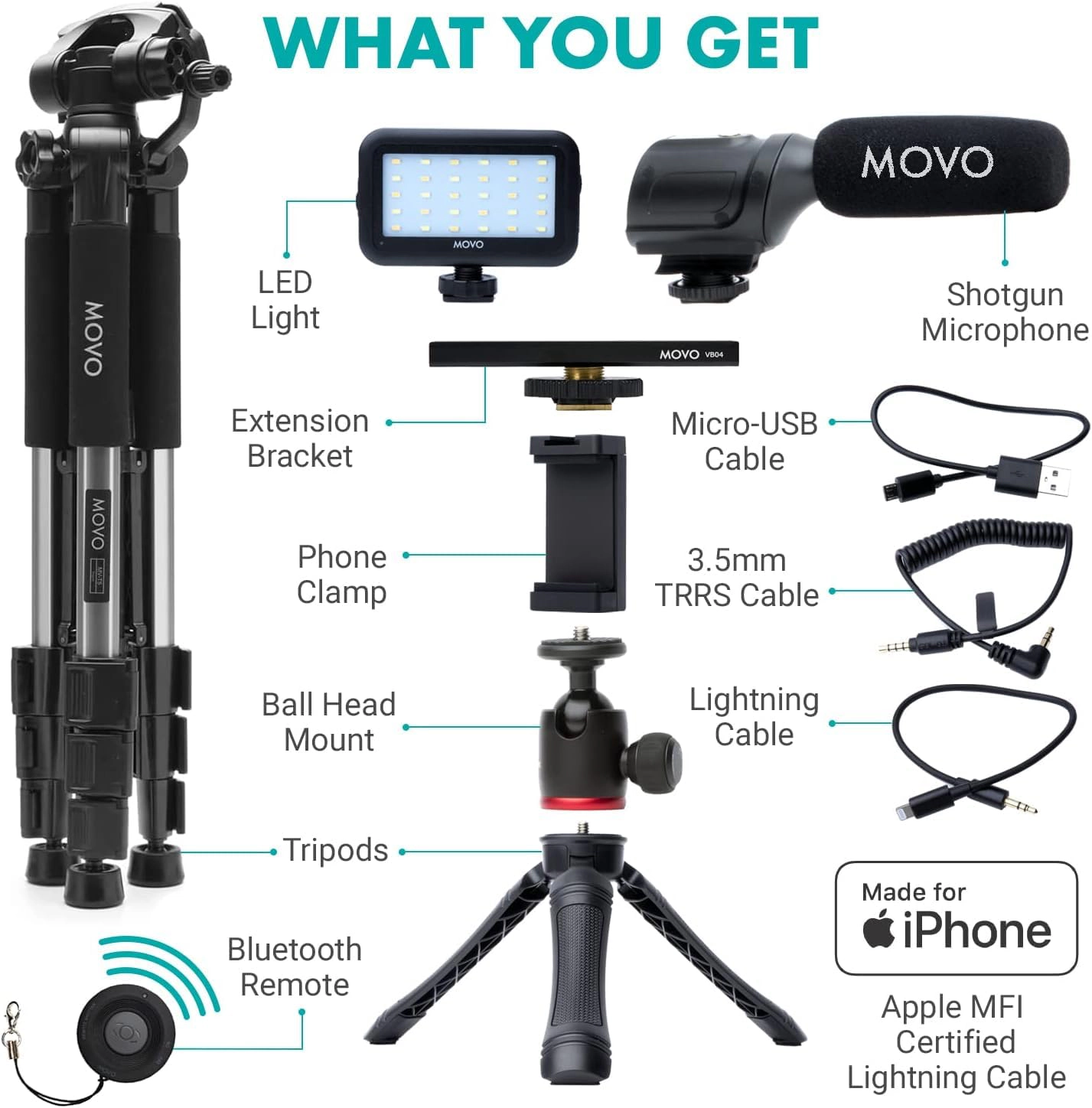 Movo iVlogger Vlogging Kit for iPhone with Fullsize Tripod