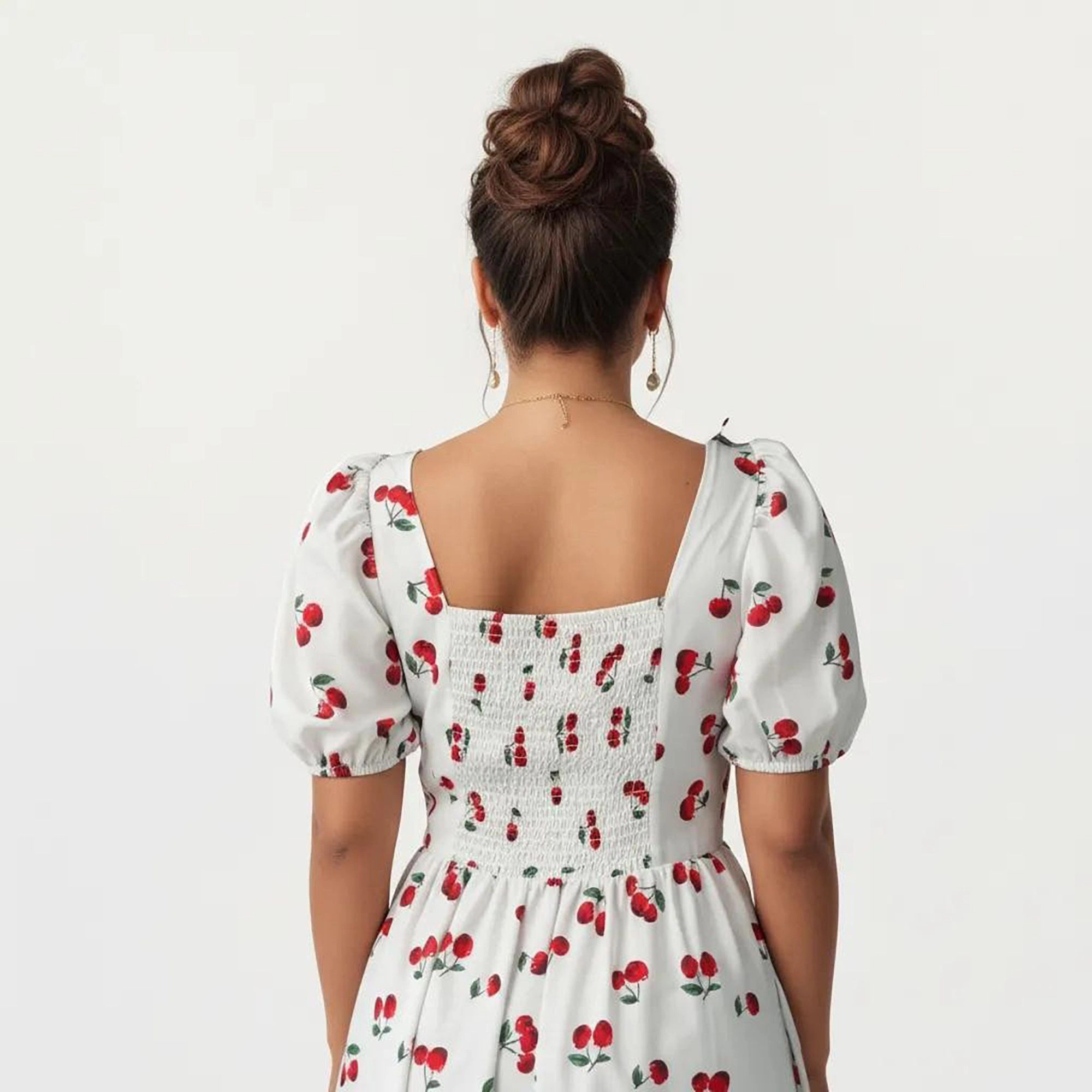 Anna-Kaci Women's Plus Cherry Print Square Neck Puff Sleeve Flowy Skirt Side Slit Detail Maxi Dress