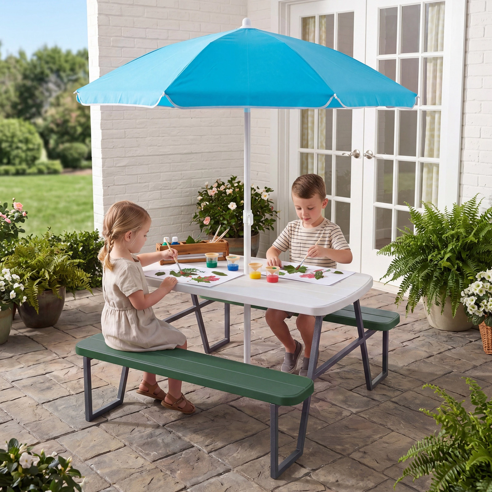 SUGIFT Kids Picnic Table with Benches and Umbrella Metal and HDPE 88-lb Table 660-lb Bench Capacity Ages 3+ Green
