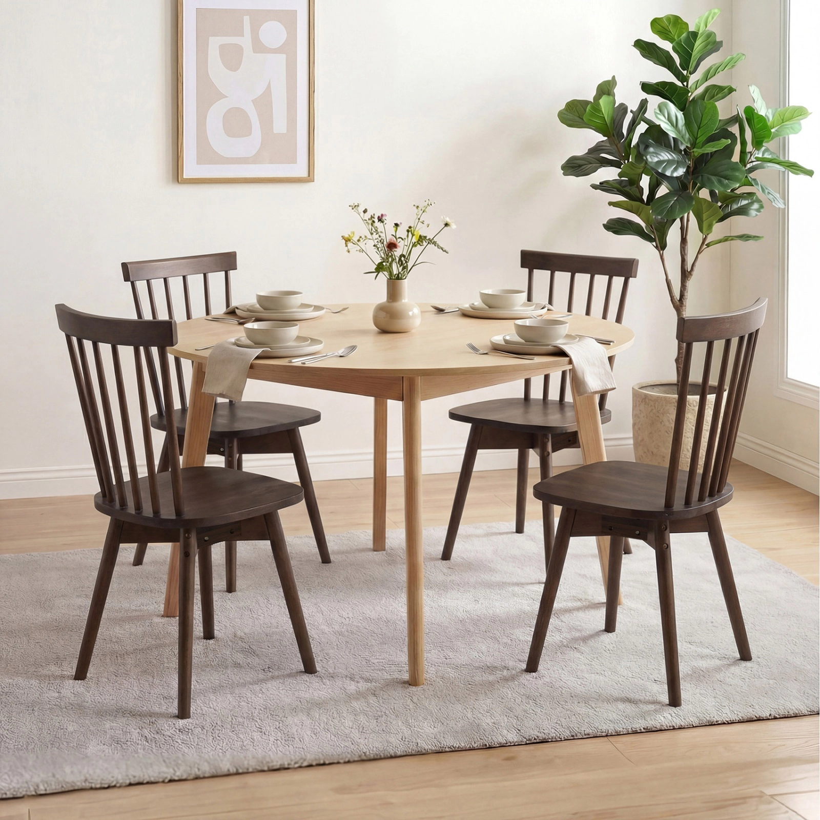 SUGIFT Set of 4 Walnut Windsor Dining Chairs with 360-Degree Swivel Seats